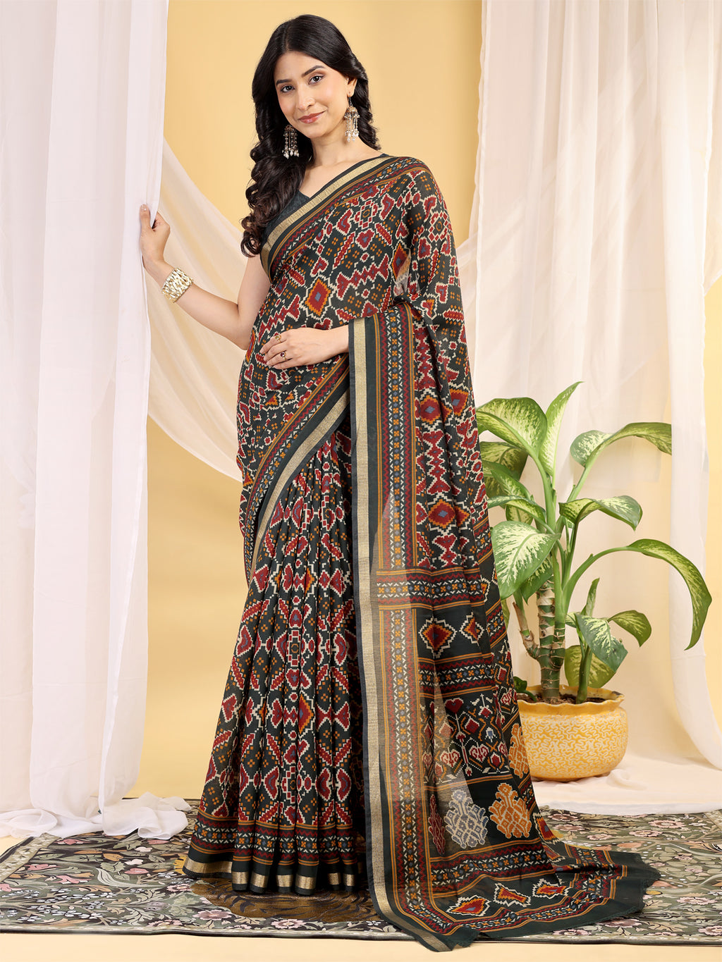Chanderi Silk Ethnic Motif Earthy Green Saree