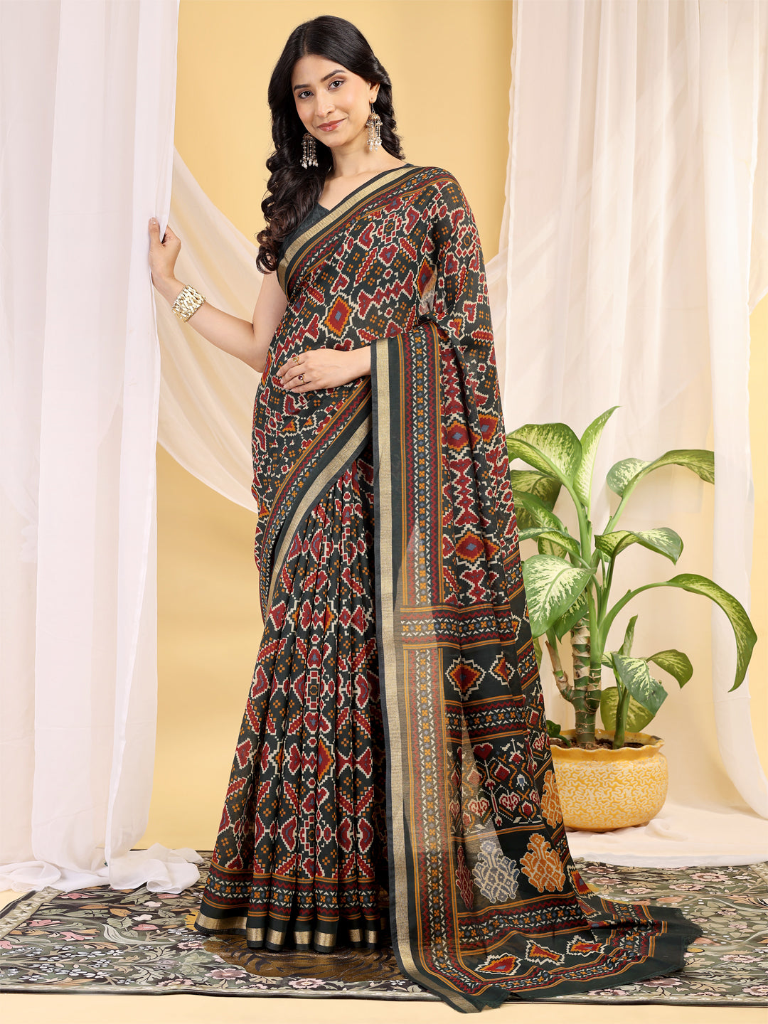 Chanderi Silk Ethnic Motif Earthy Green Saree