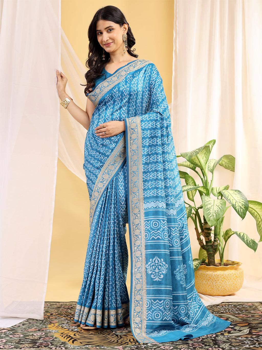 Cotton Blend Geometric Aqua Sky Blue Saree