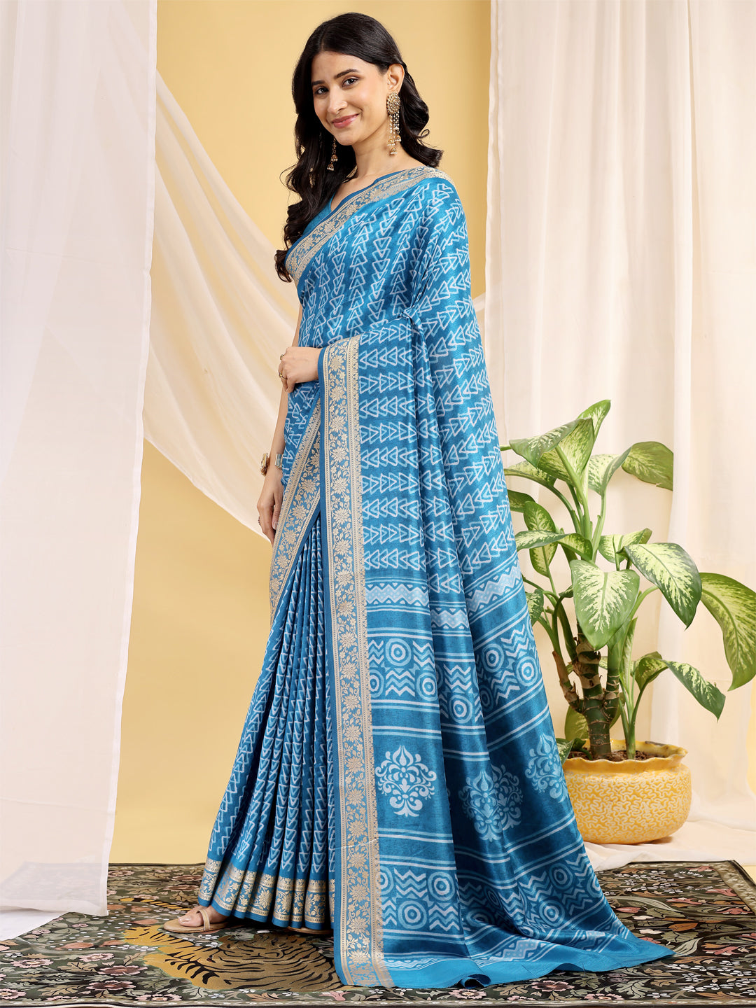 Cotton Blend Geometric Aqua Sky Blue Saree