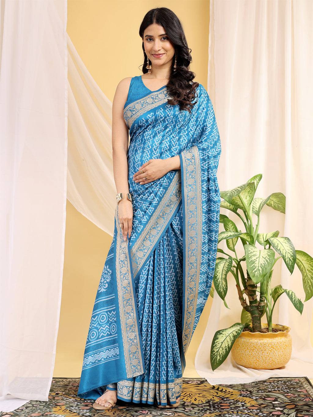 Cotton Blend Geometric Aqua Sky Blue Saree