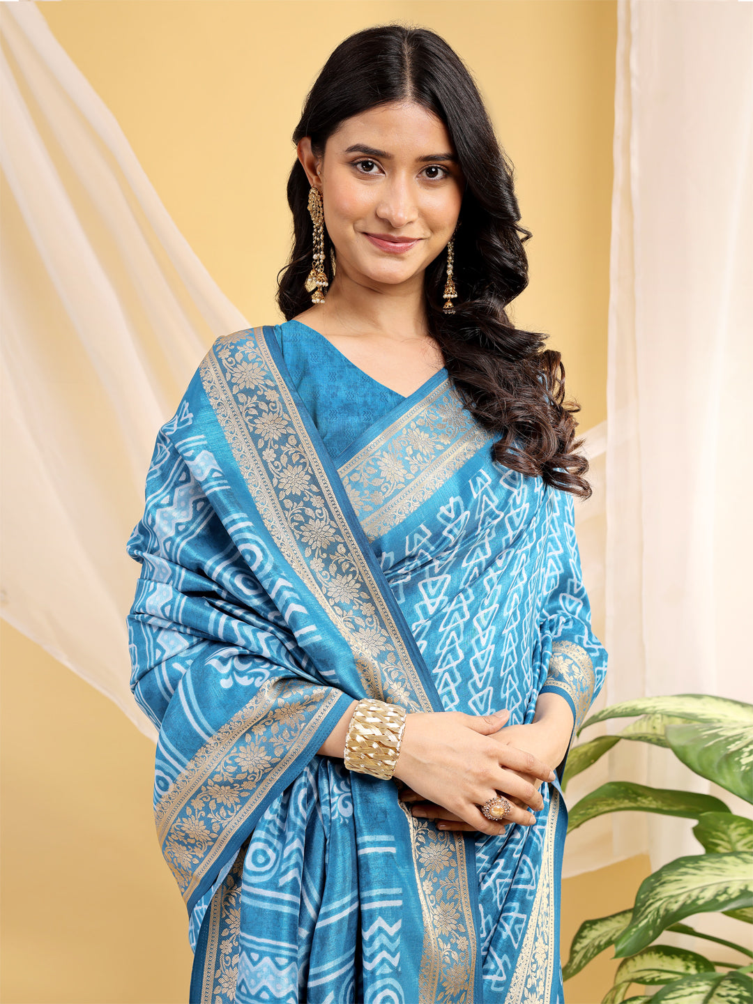 Cotton Blend Geometric Aqua Sky Blue Saree