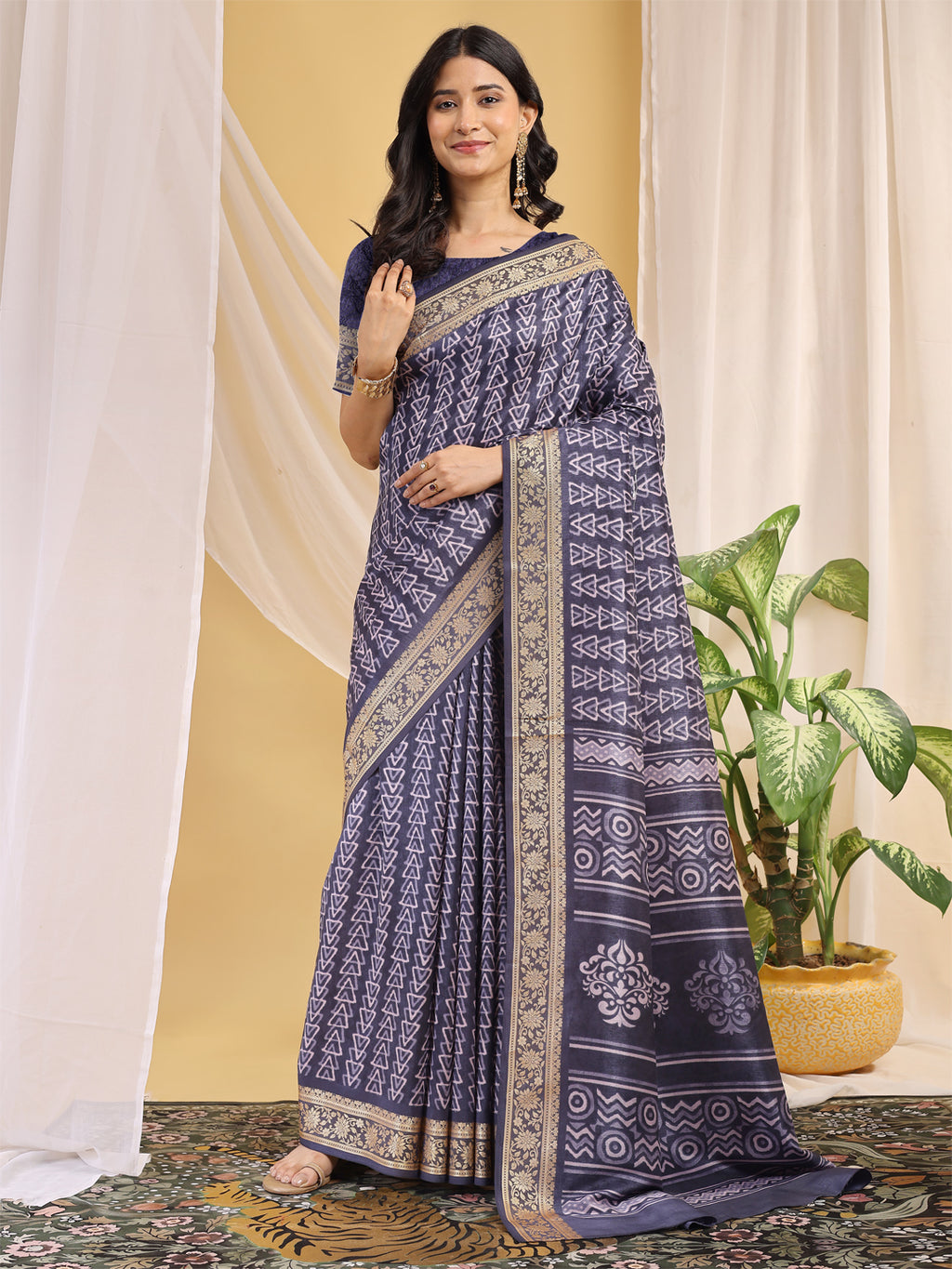 Cotton Blend Geometric Midnight Navy Saree