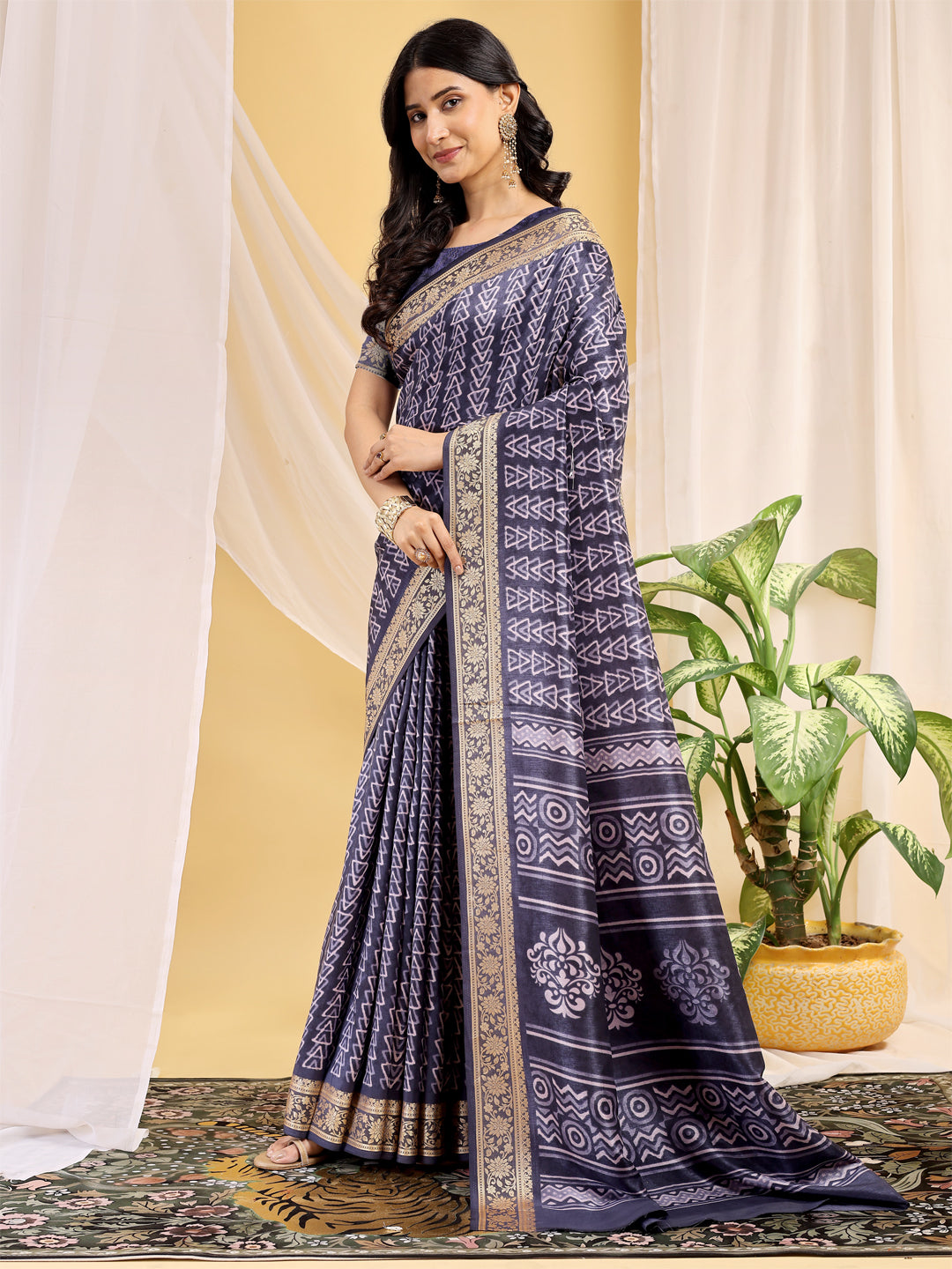 Cotton Blend Geometric Midnight Navy Saree