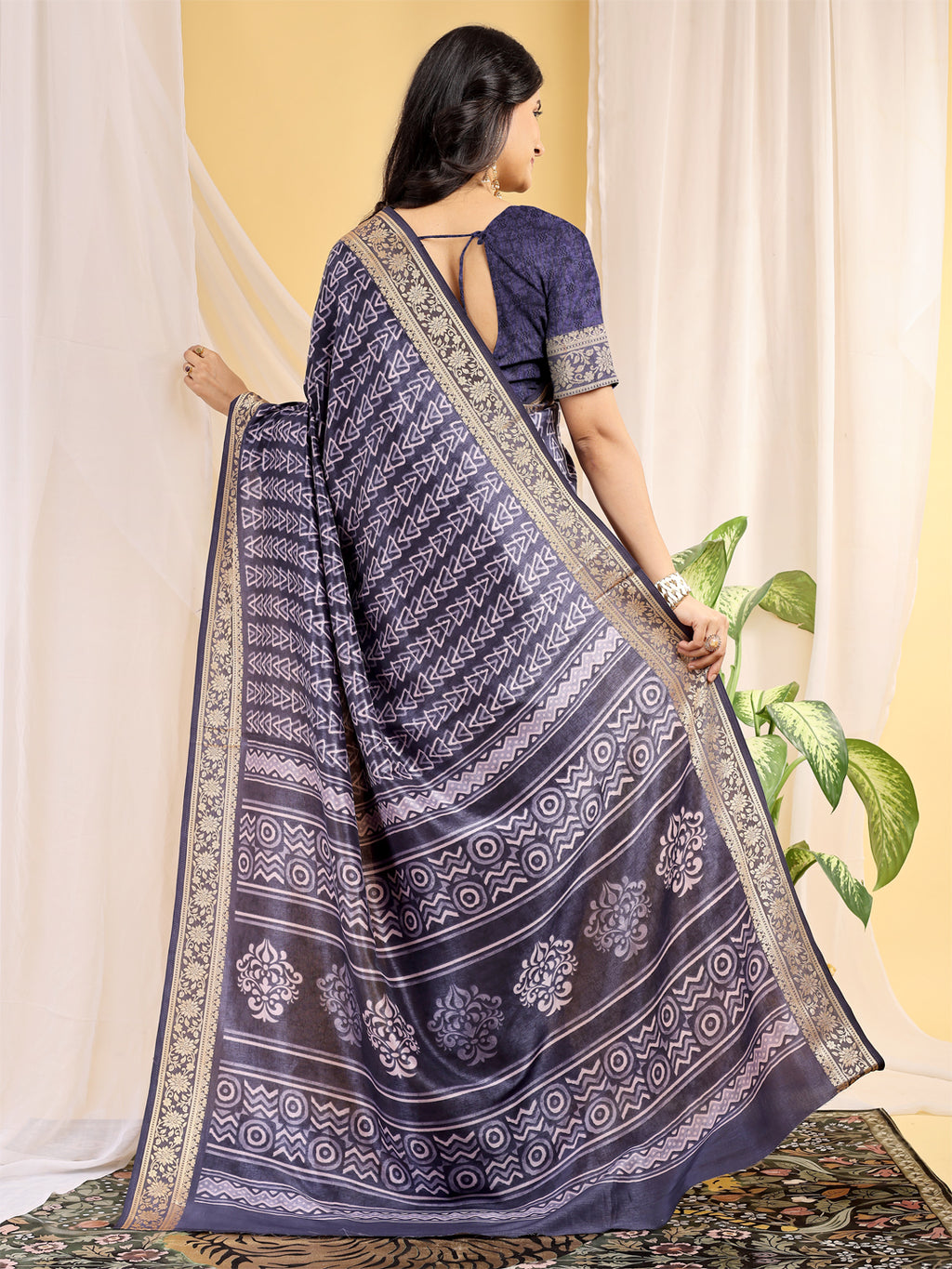 Cotton Blend Geometric Midnight Navy Saree
