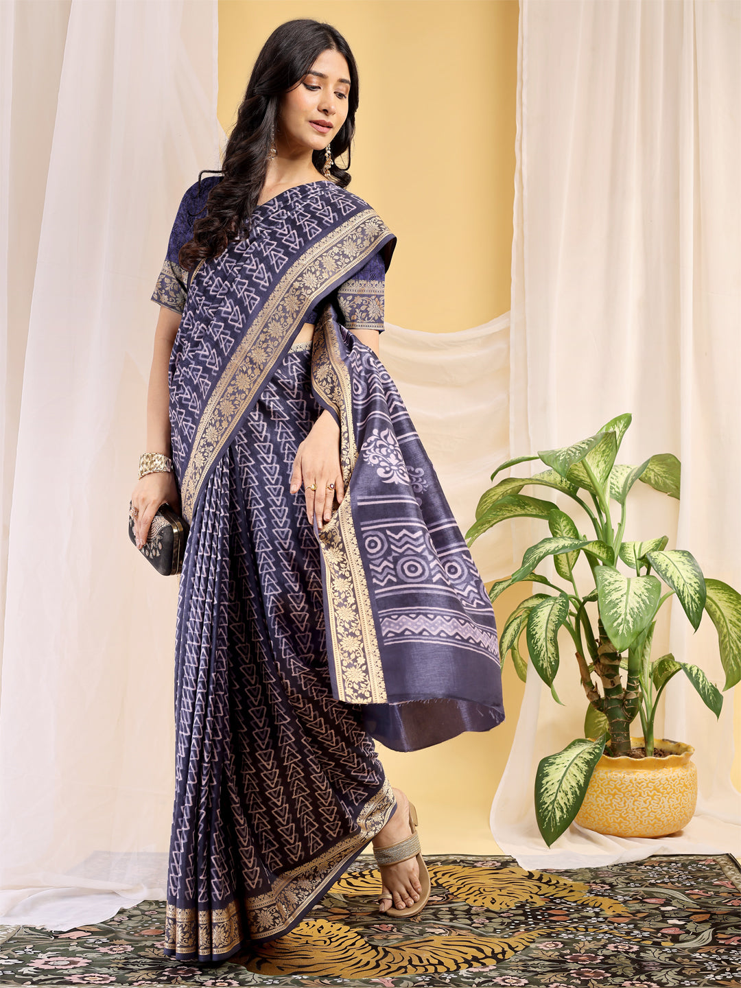 Cotton Blend Geometric Midnight Navy Saree