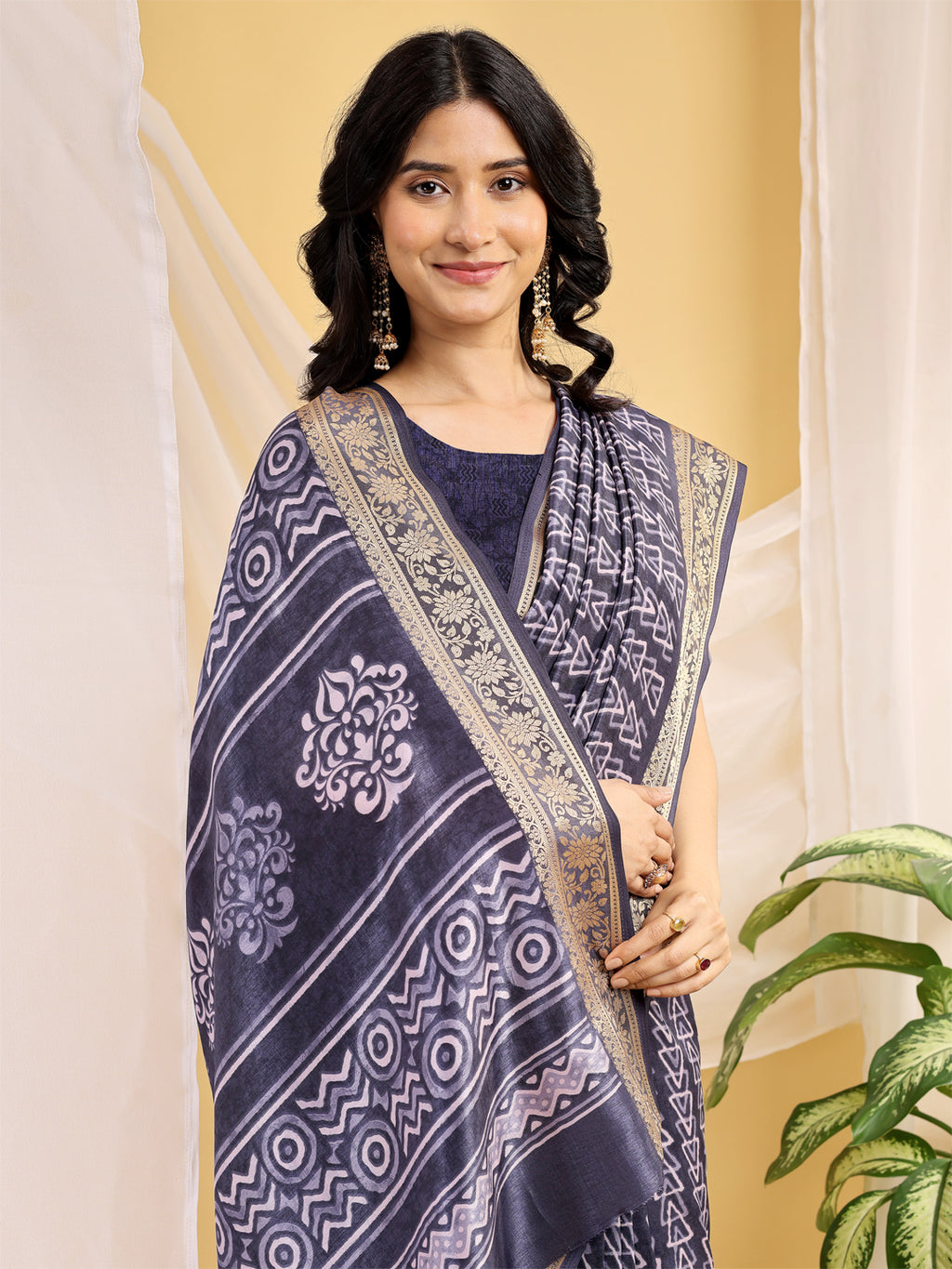 Cotton Blend Geometric Midnight Navy Saree
