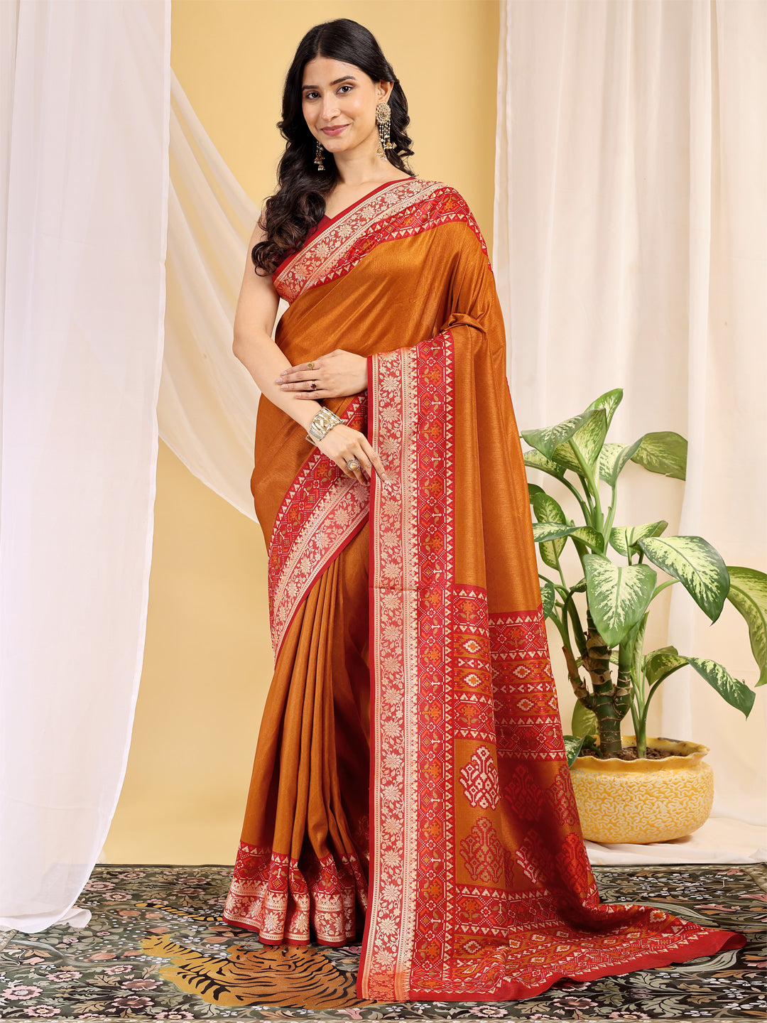 Cotton Blend Ethnic Motif Mustard Orange Saree