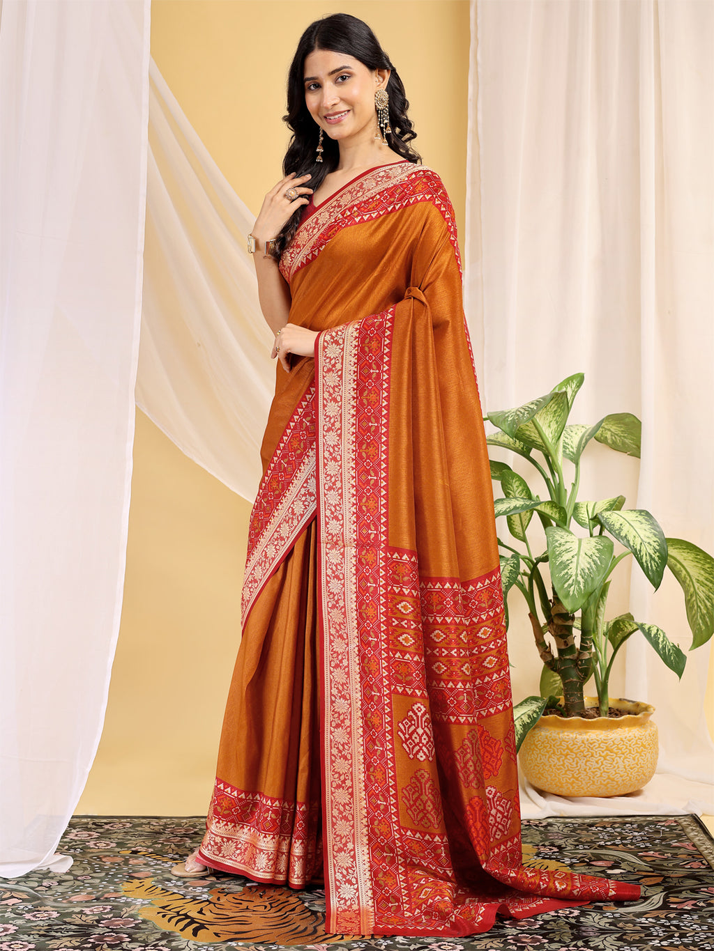 Cotton Blend Ethnic Motif Mustard Orange Saree