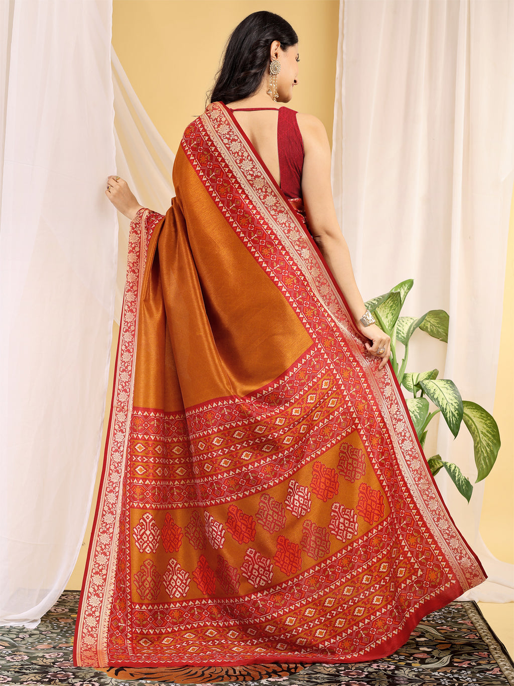 Cotton Blend Ethnic Motif Mustard Orange Saree