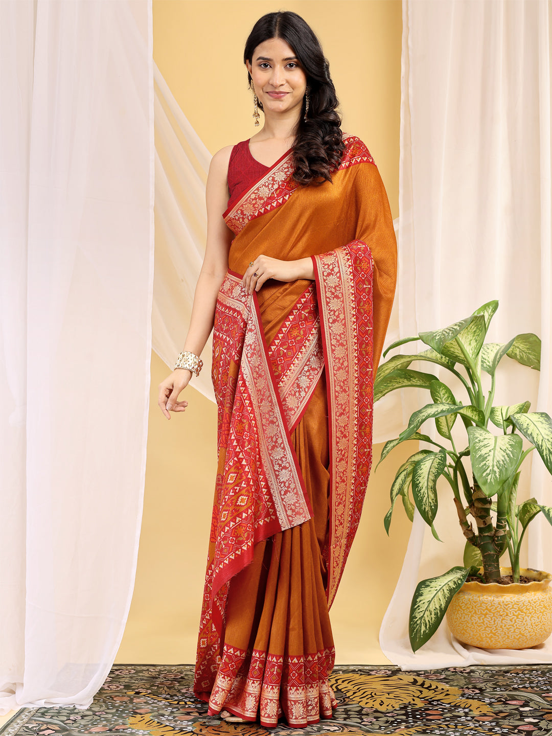 Cotton Blend Ethnic Motif Mustard Orange Saree