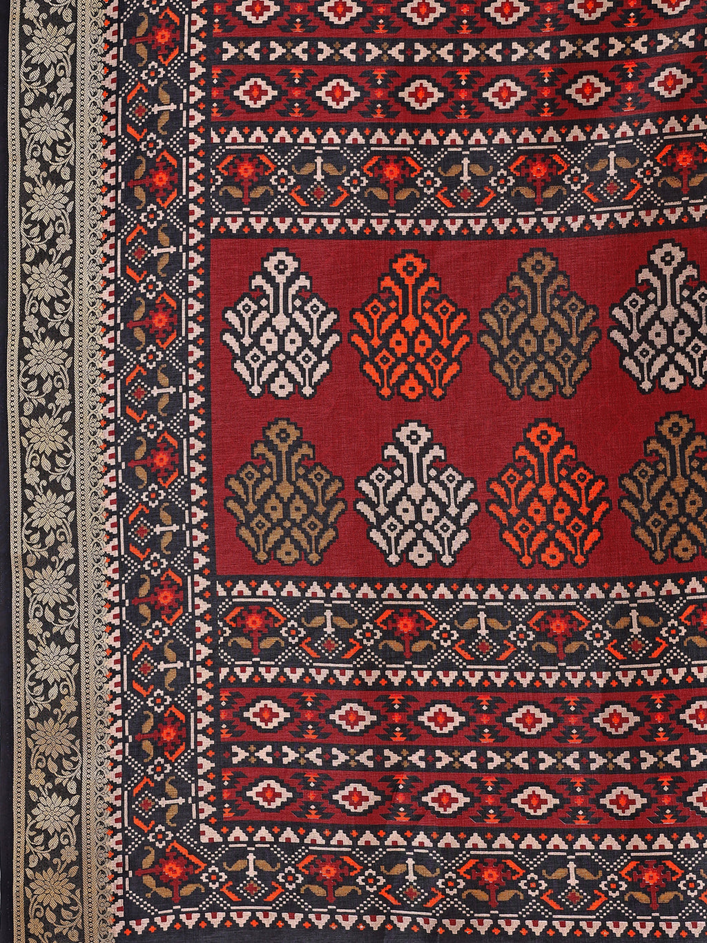 Cotton Blend Ethnic Motif Deep Maroon Red Saree