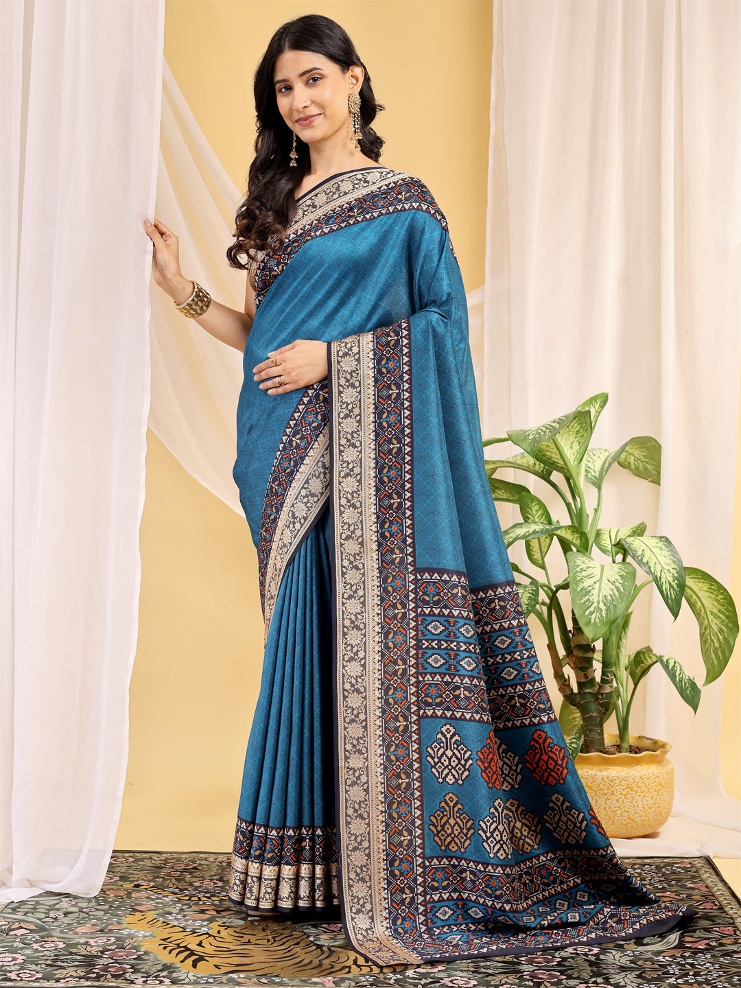 Cotton Blend Ethnic Motif Teal Blue Saree