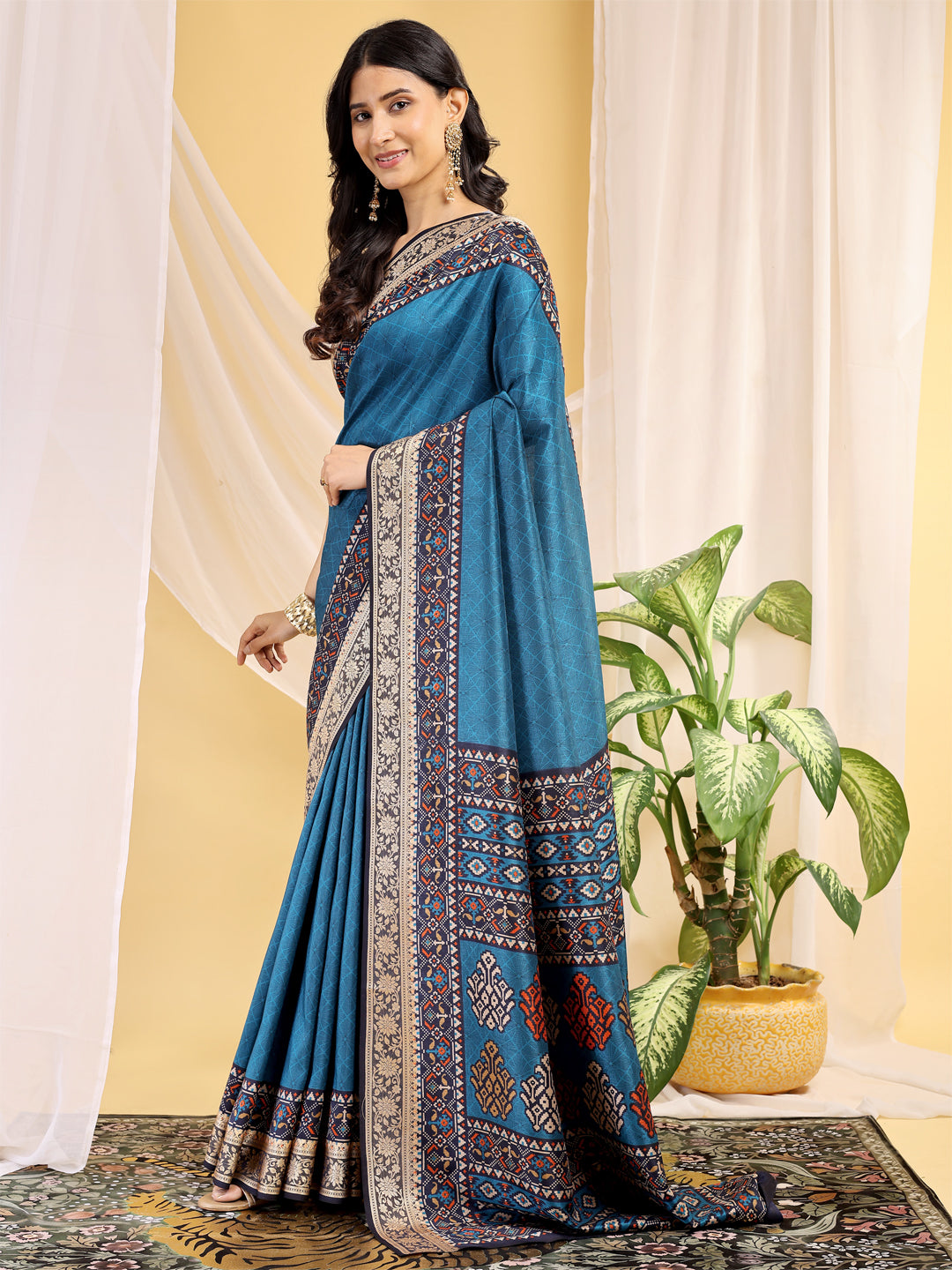 Cotton Blend Ethnic Motif Teal Blue Saree