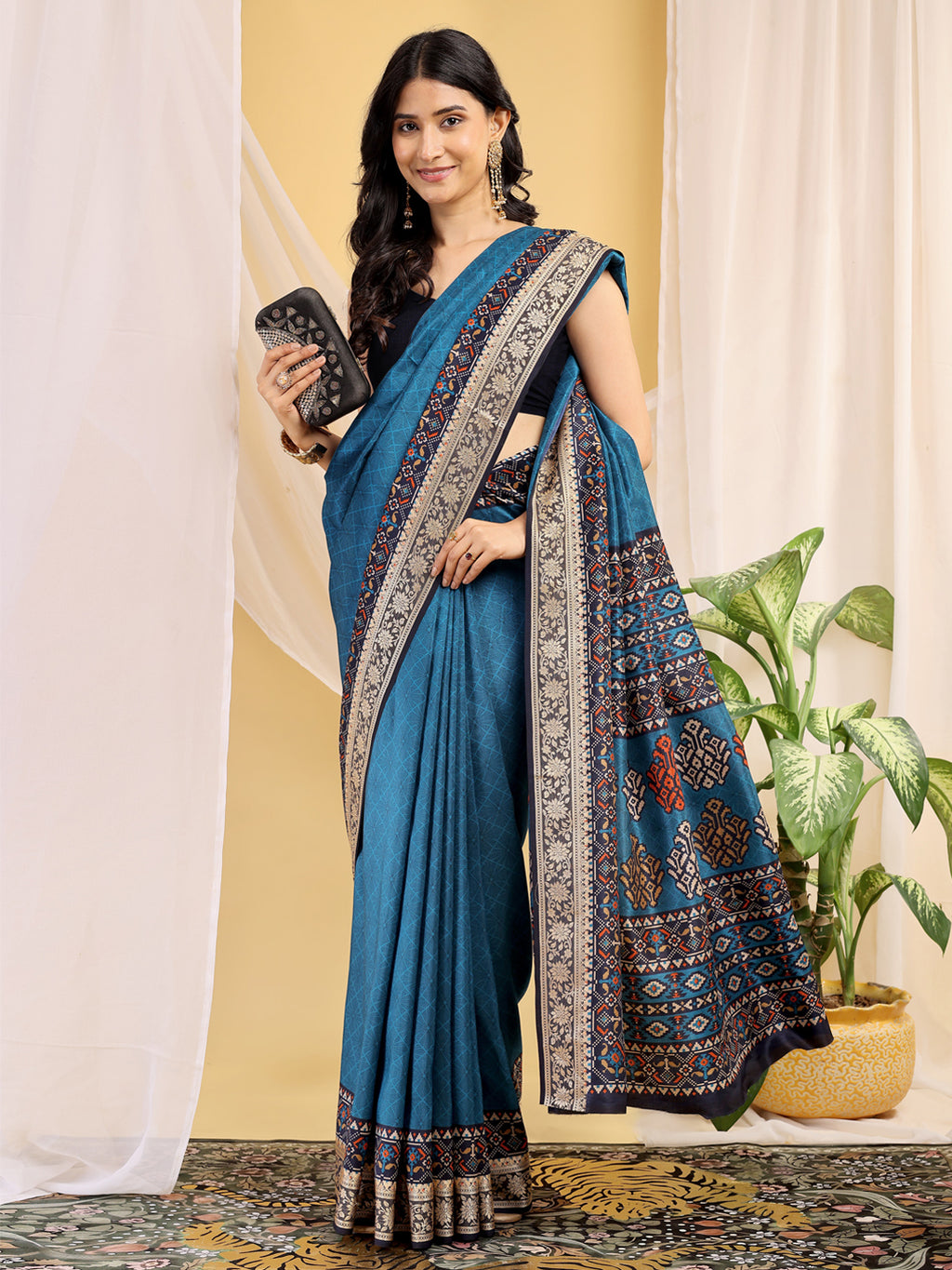Cotton Blend Ethnic Motif Teal Blue Saree