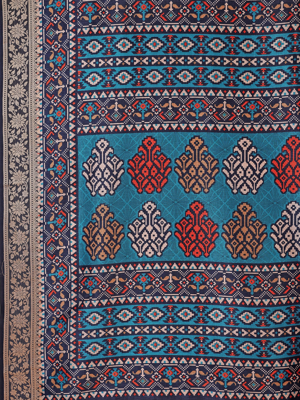Cotton Blend Ethnic Motif Teal Blue Saree