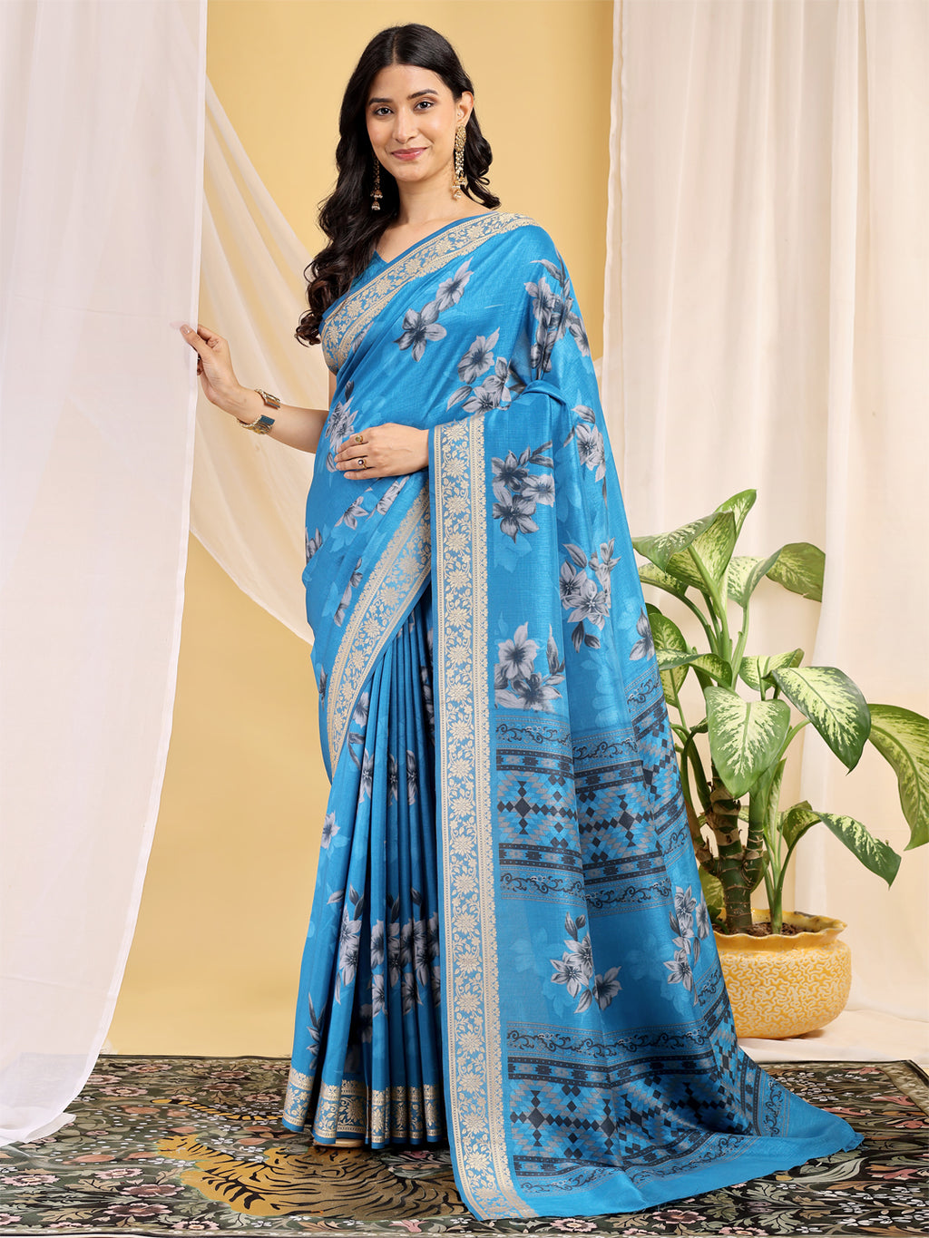 Cotton Blend Floral Sky Blue Saree