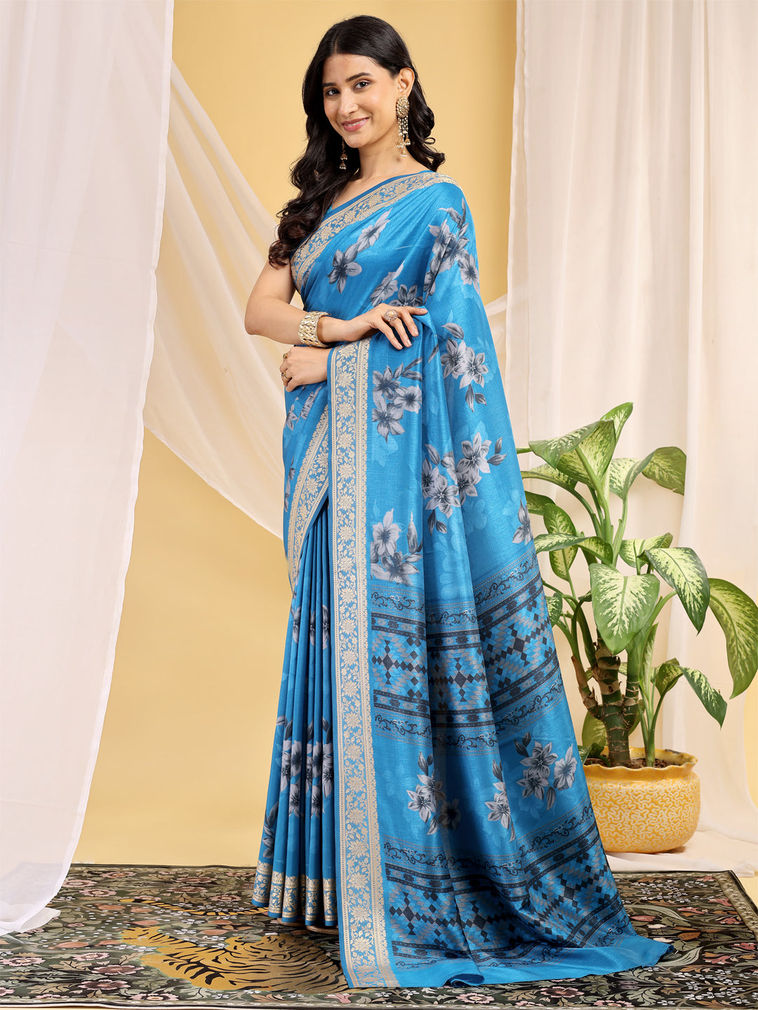 Cotton Blend Floral Sky Blue Saree