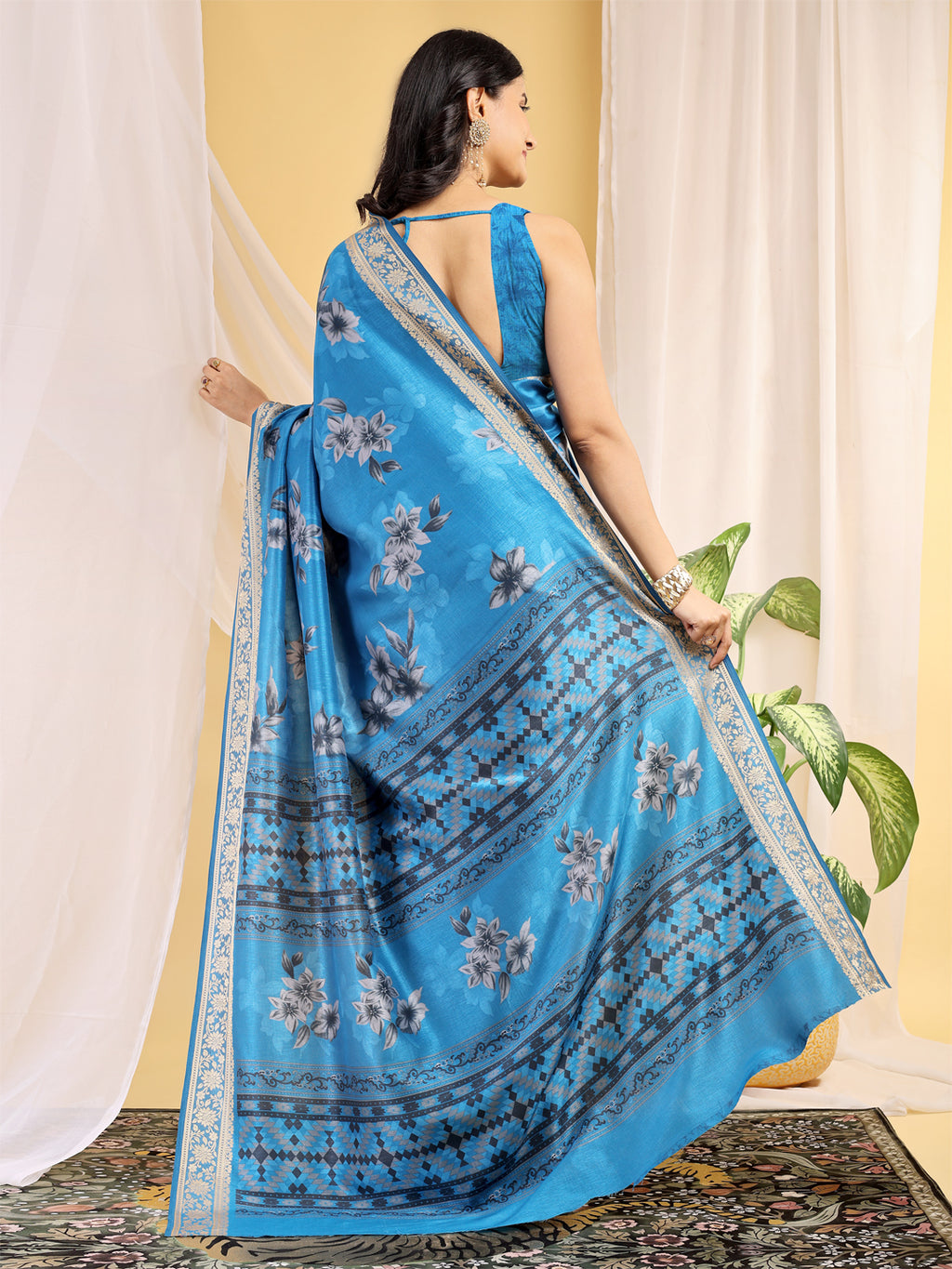 Cotton Blend Floral Sky Blue Saree
