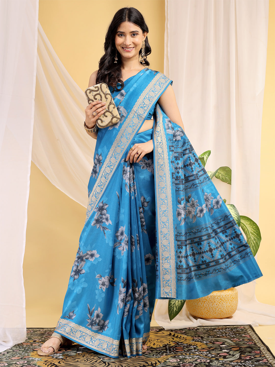 Cotton Blend Floral Sky Blue Saree