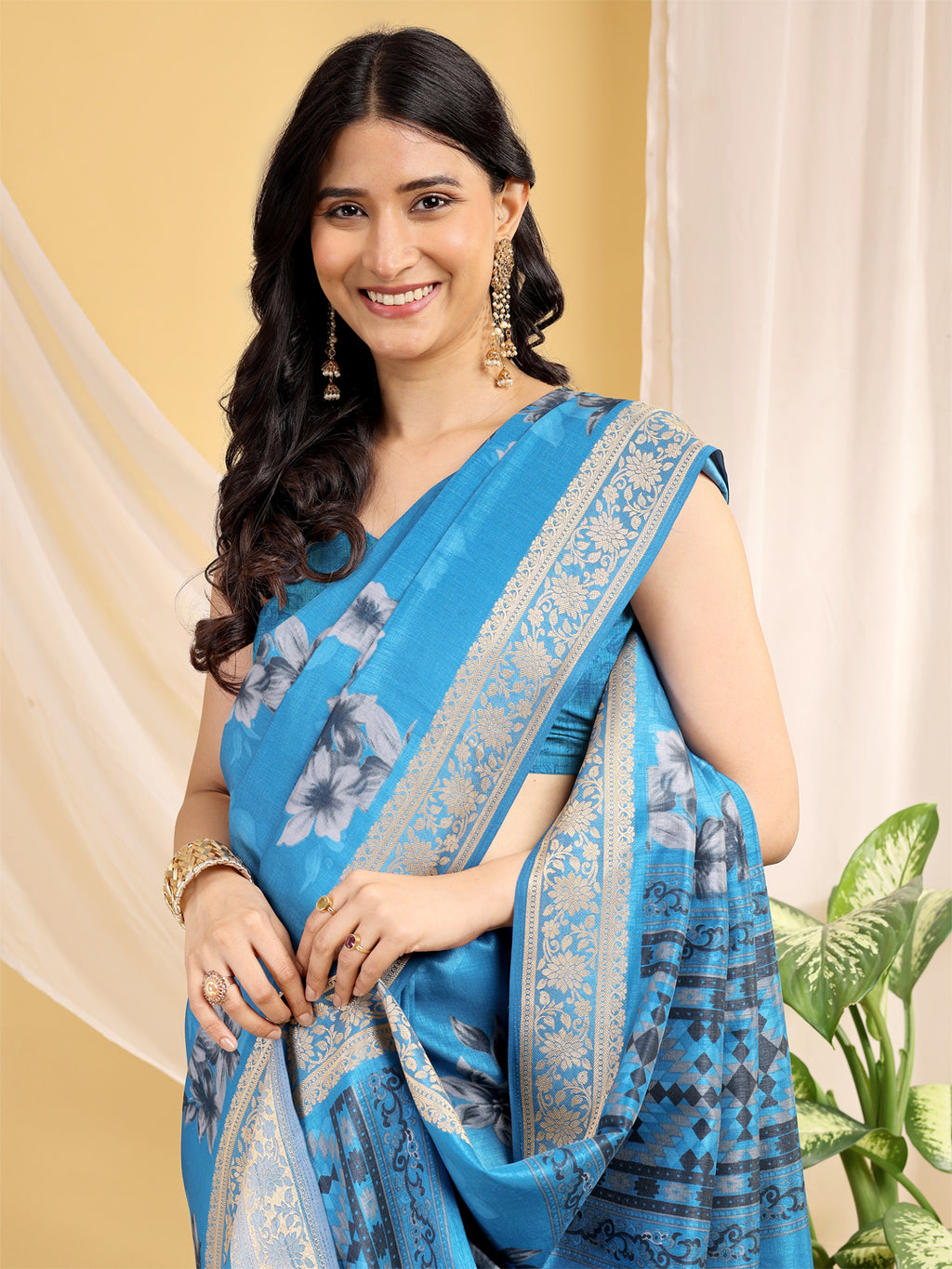 Cotton Blend Floral Sky Blue Saree