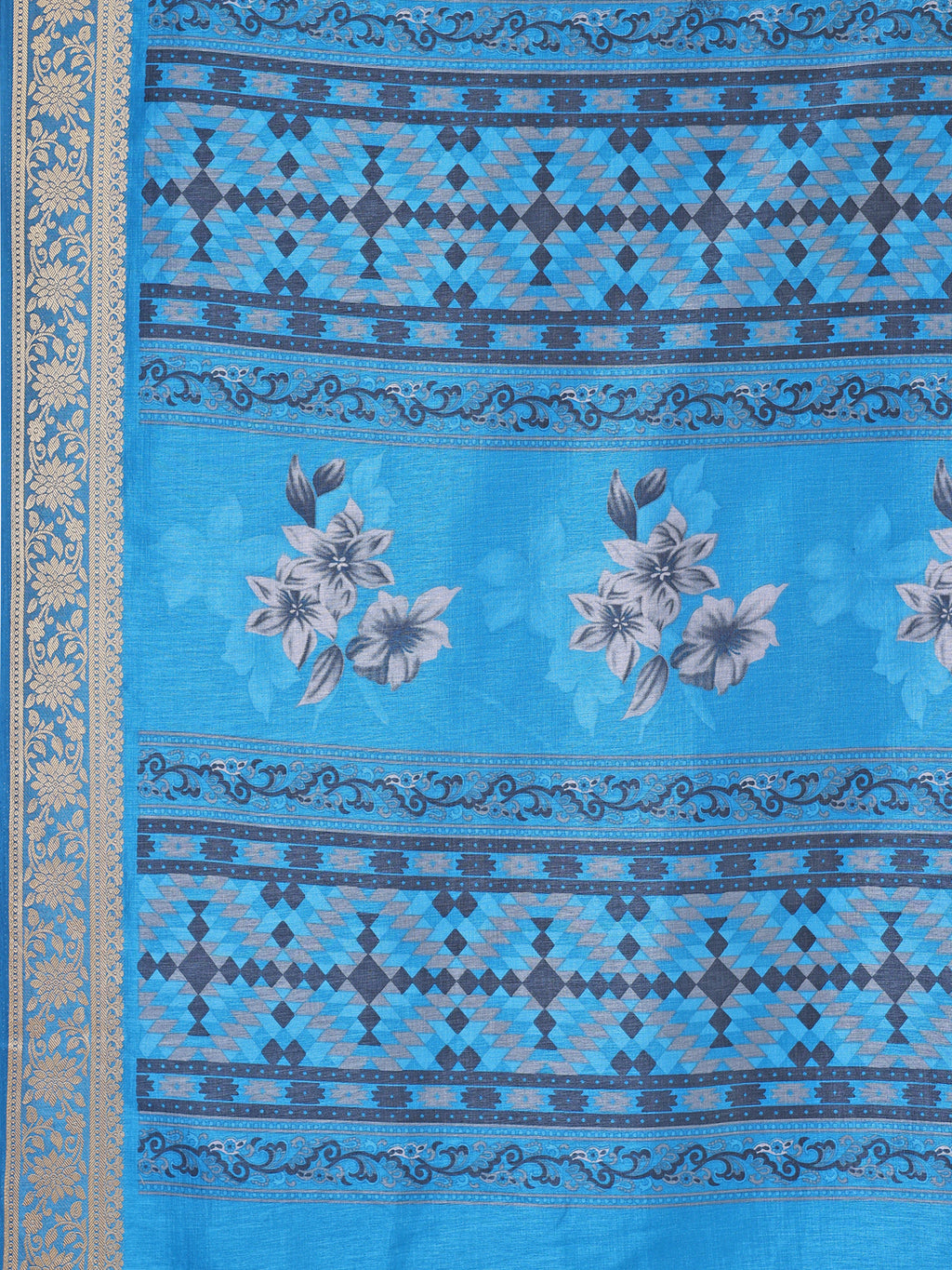 Cotton Blend Floral Sky Blue Saree