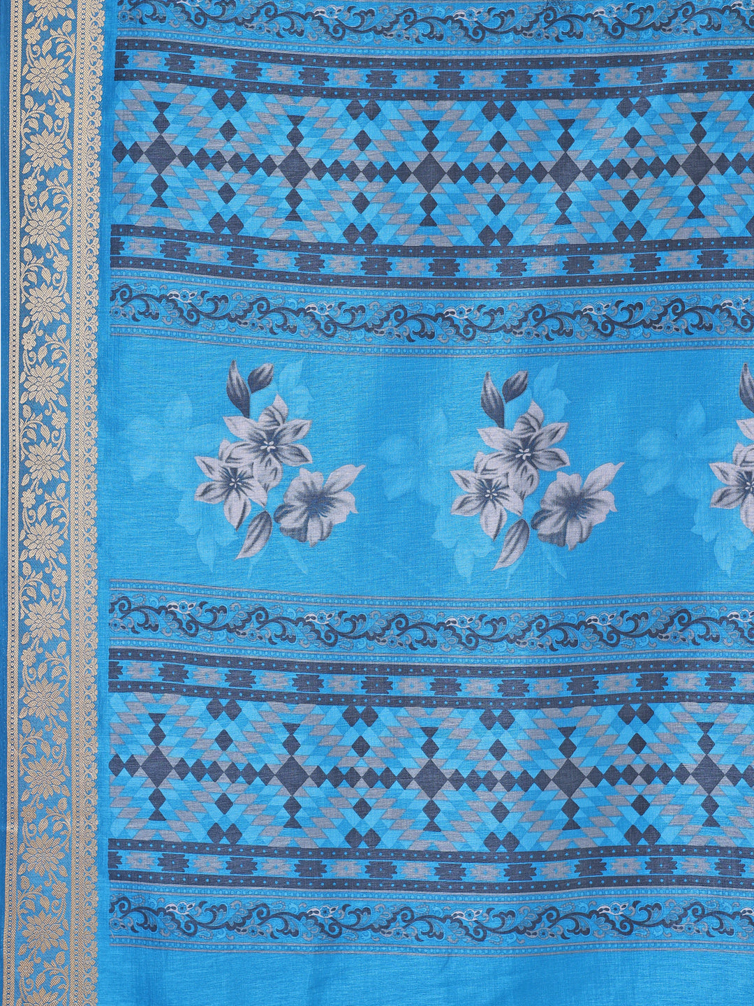 Cotton Blend Floral Sky Blue Saree