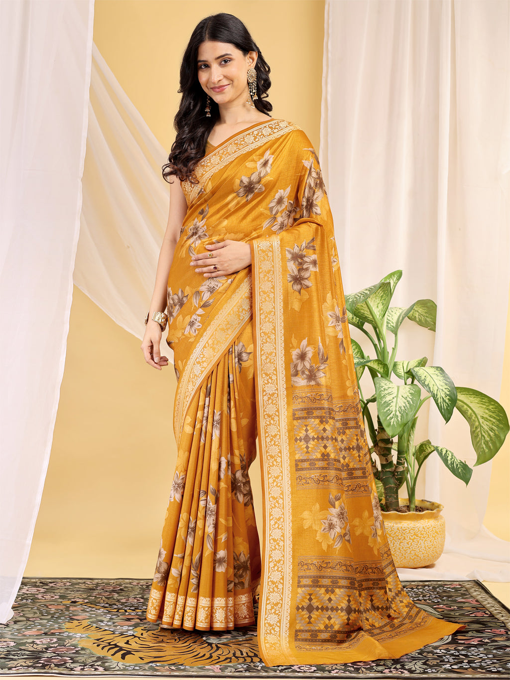 Cotton Blend Floral Mustard Yellow Saree