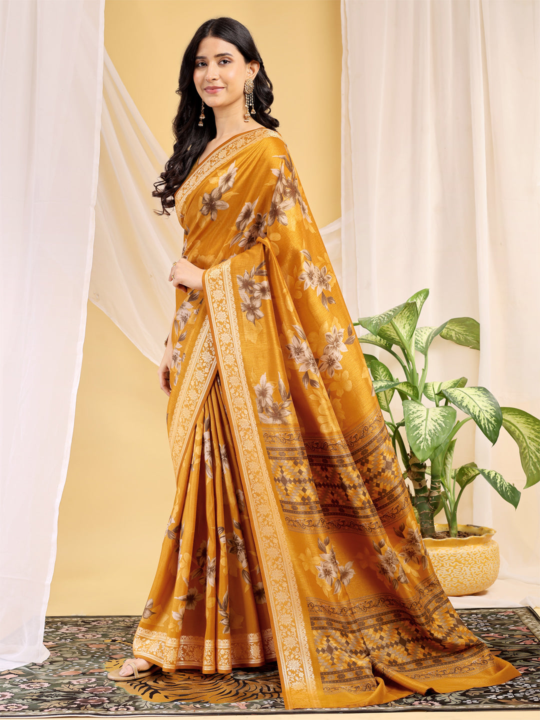 Cotton Blend Floral Mustard Yellow Saree