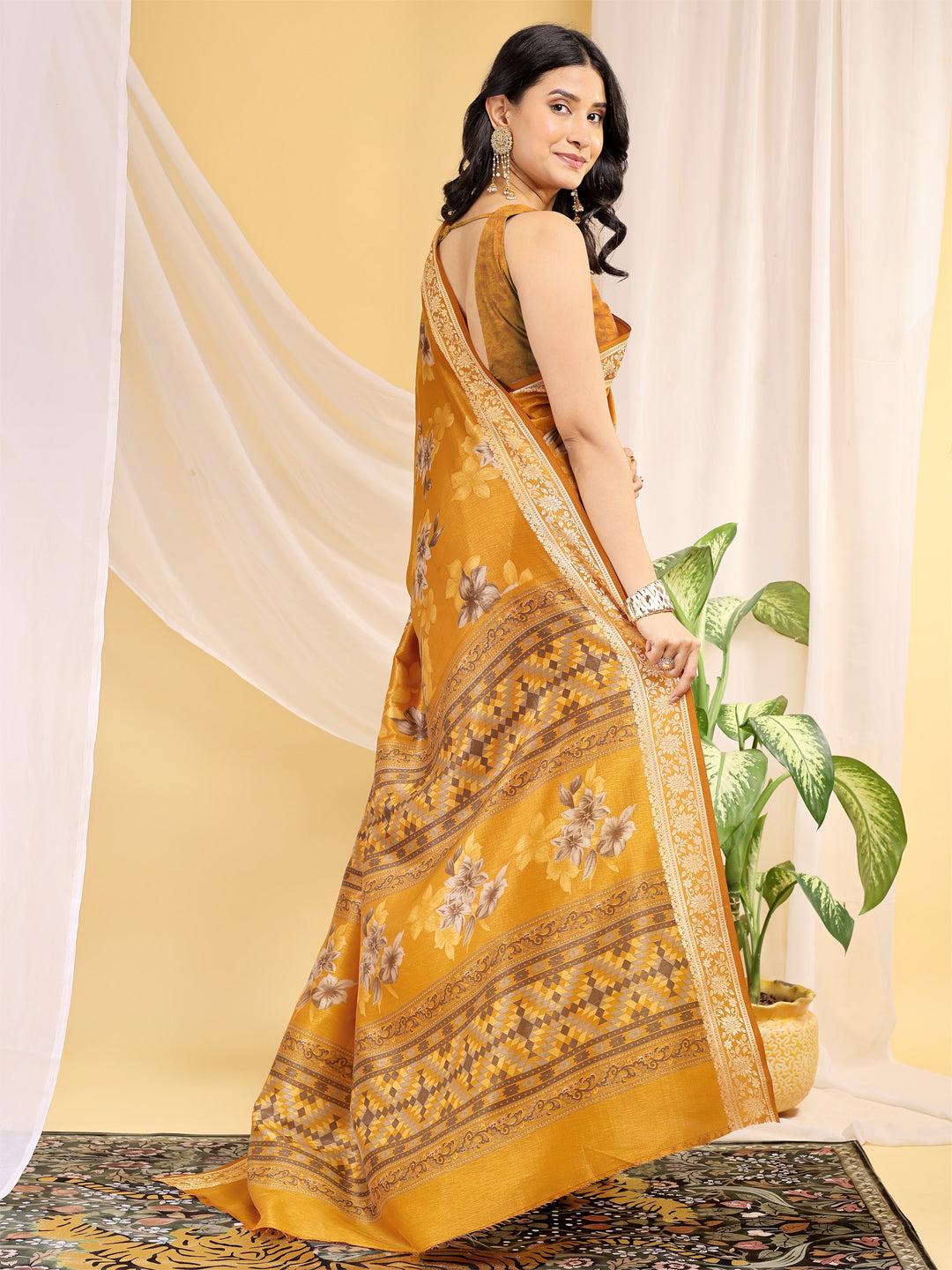 Cotton Blend Floral Mustard Yellow Saree
