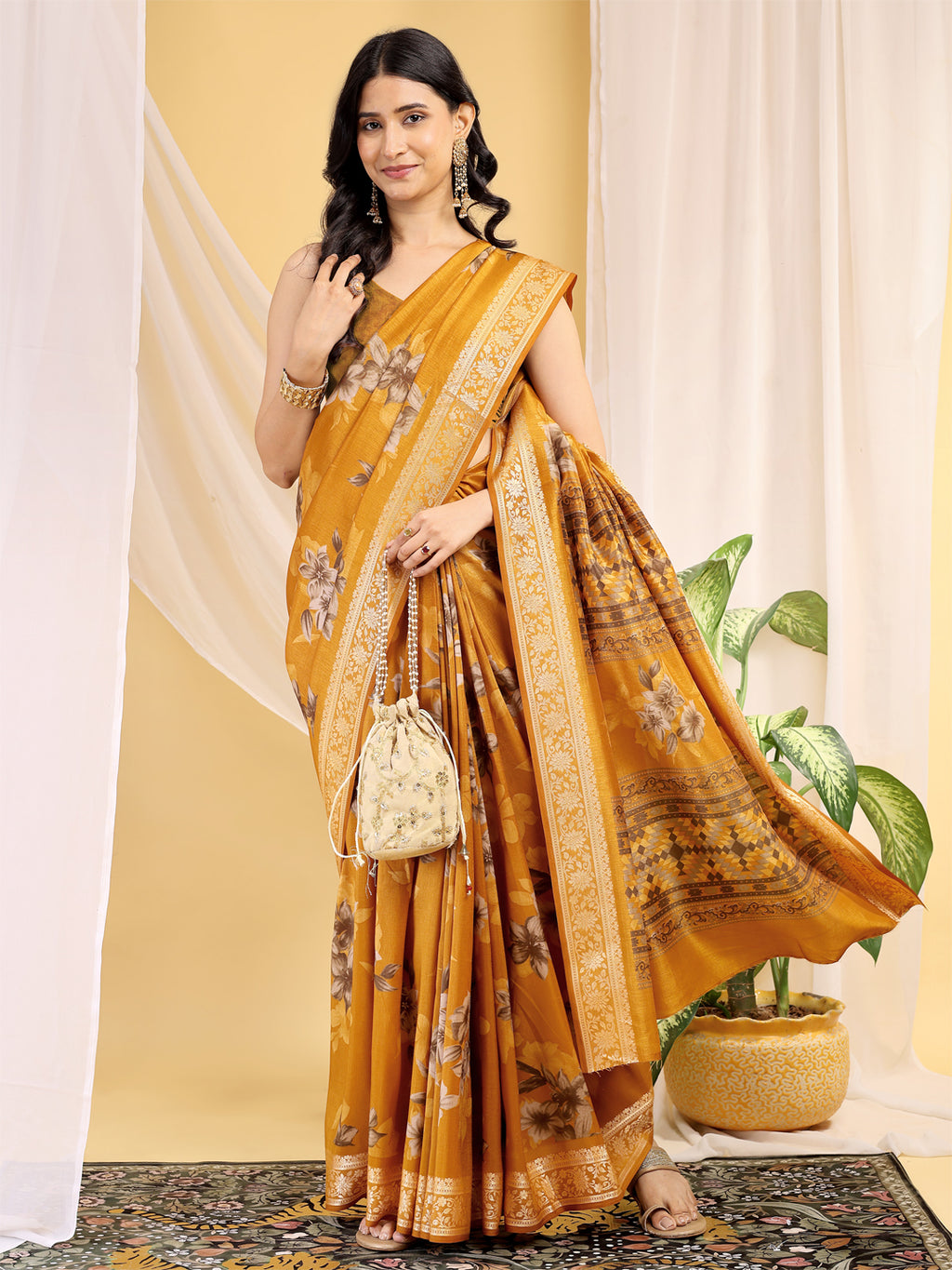 Cotton Blend Floral Mustard Yellow Saree