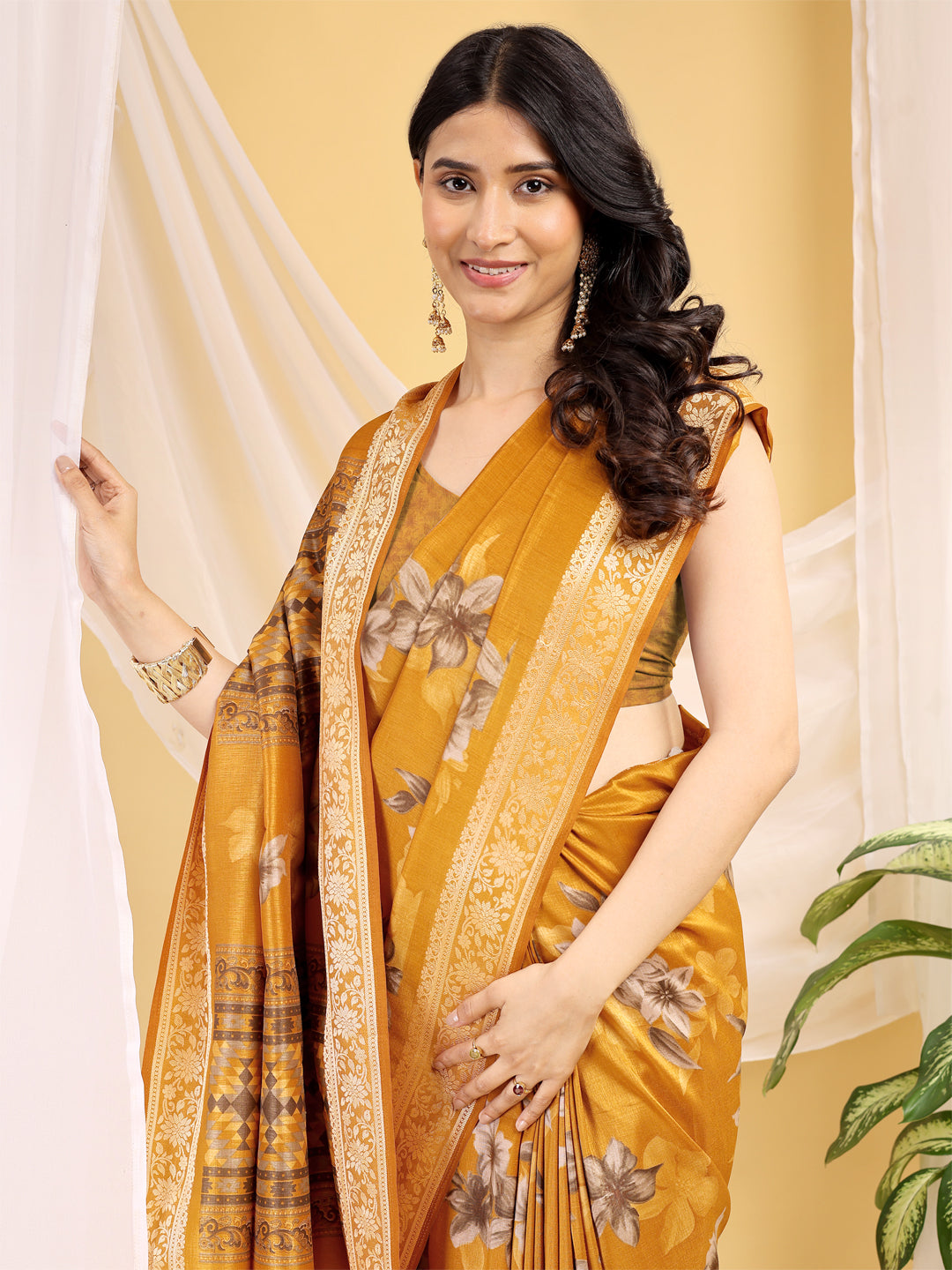 Cotton Blend Floral Mustard Yellow Saree