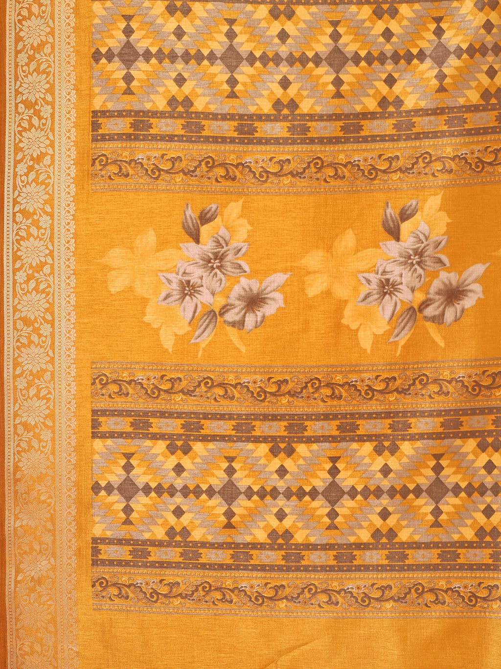 Cotton Blend Floral Mustard Yellow Saree
