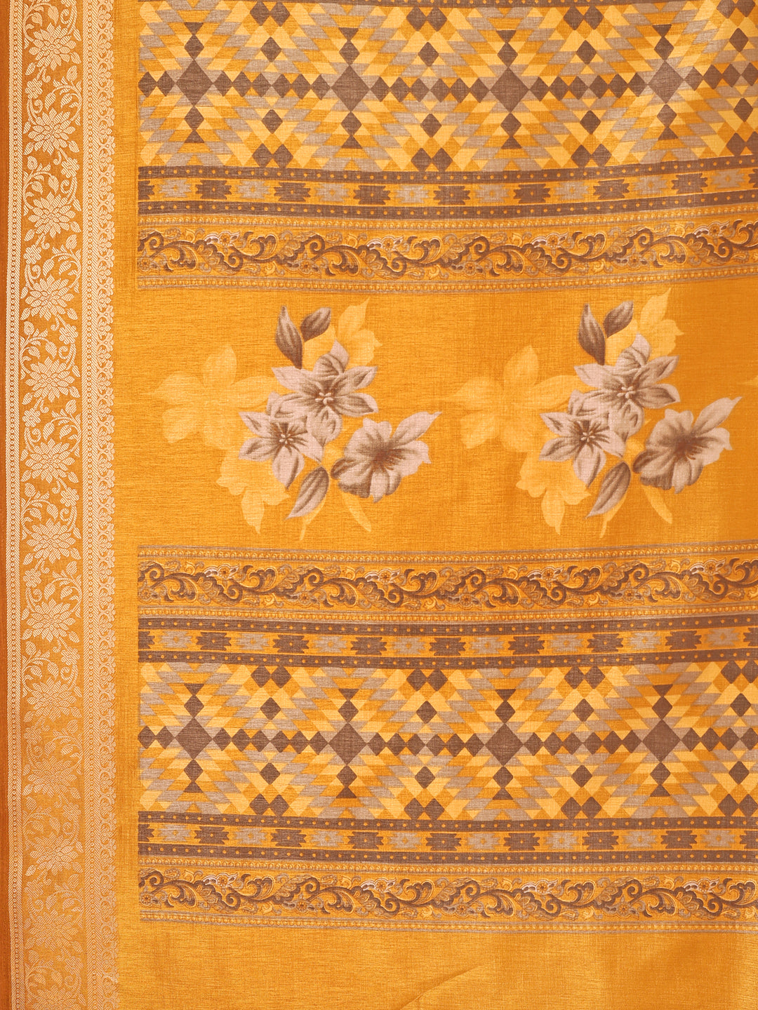 Cotton Blend Floral Mustard Yellow Saree