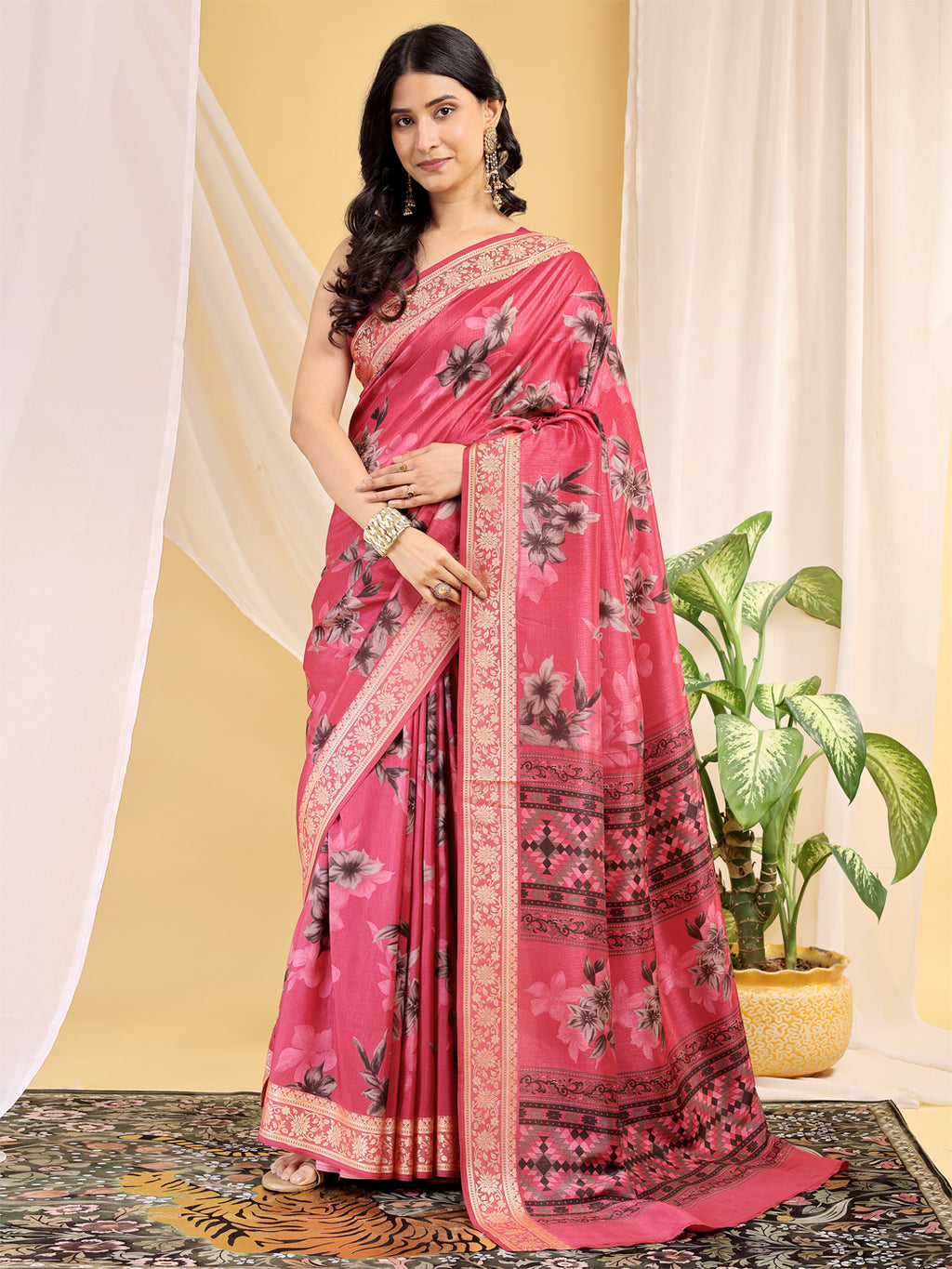 Cotton Blend Floral Rose Pink Saree