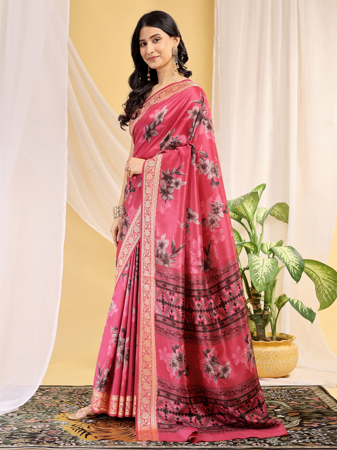 Cotton Blend Floral Rose Pink Saree