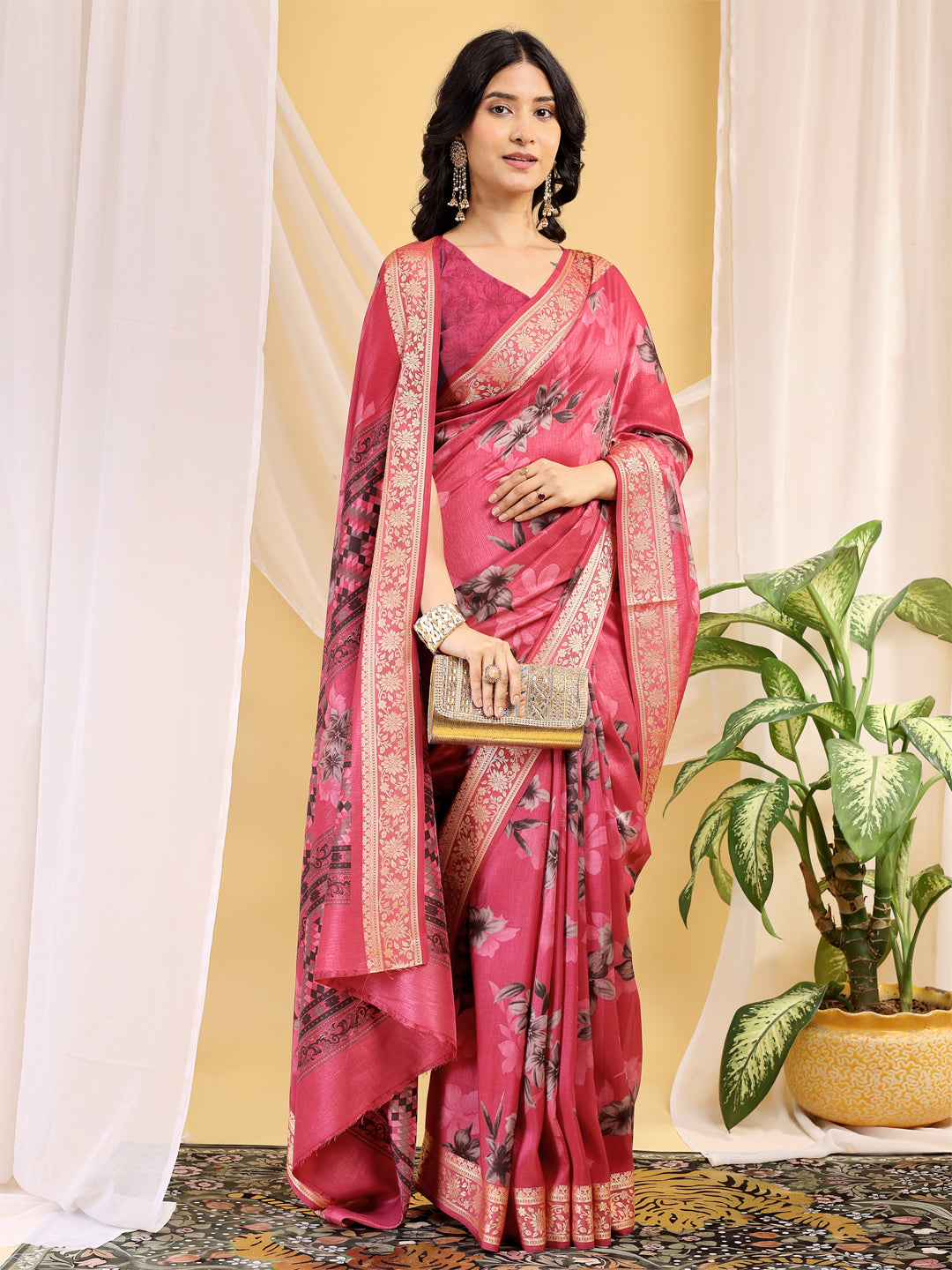 Cotton Blend Floral Rose Pink Saree