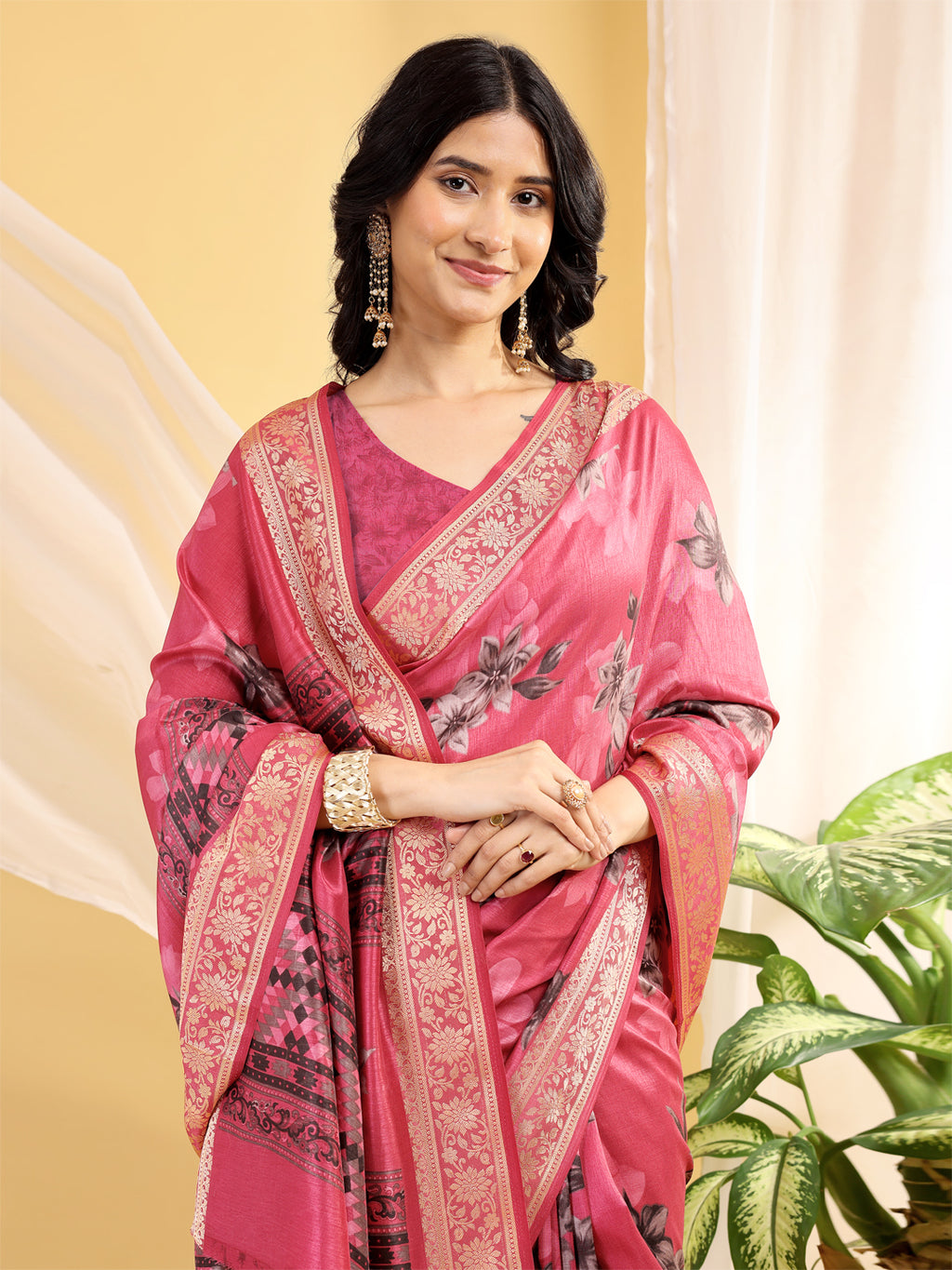 Cotton Blend Floral Rose Pink Saree