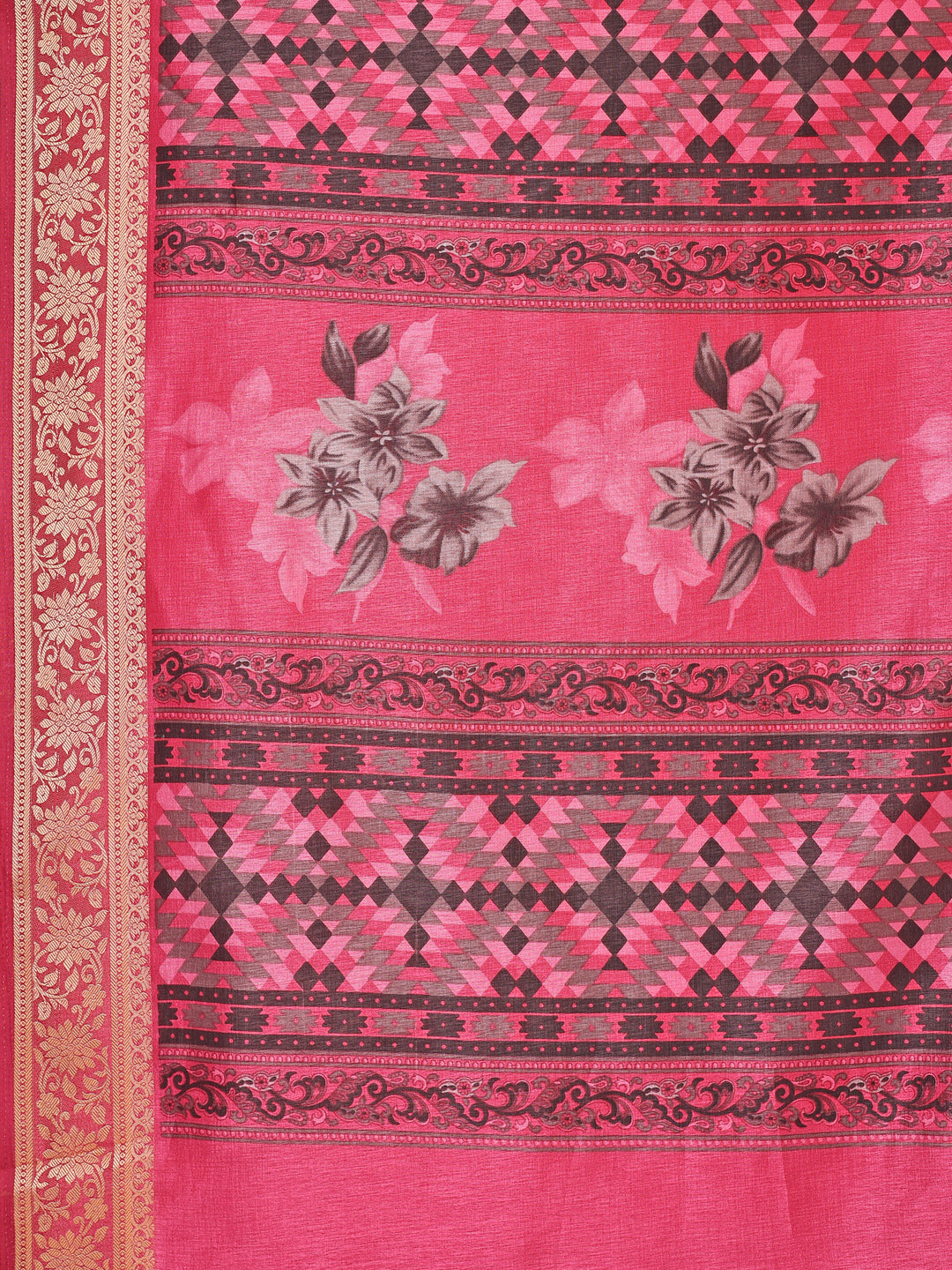 Cotton Blend Floral Rose Pink Saree