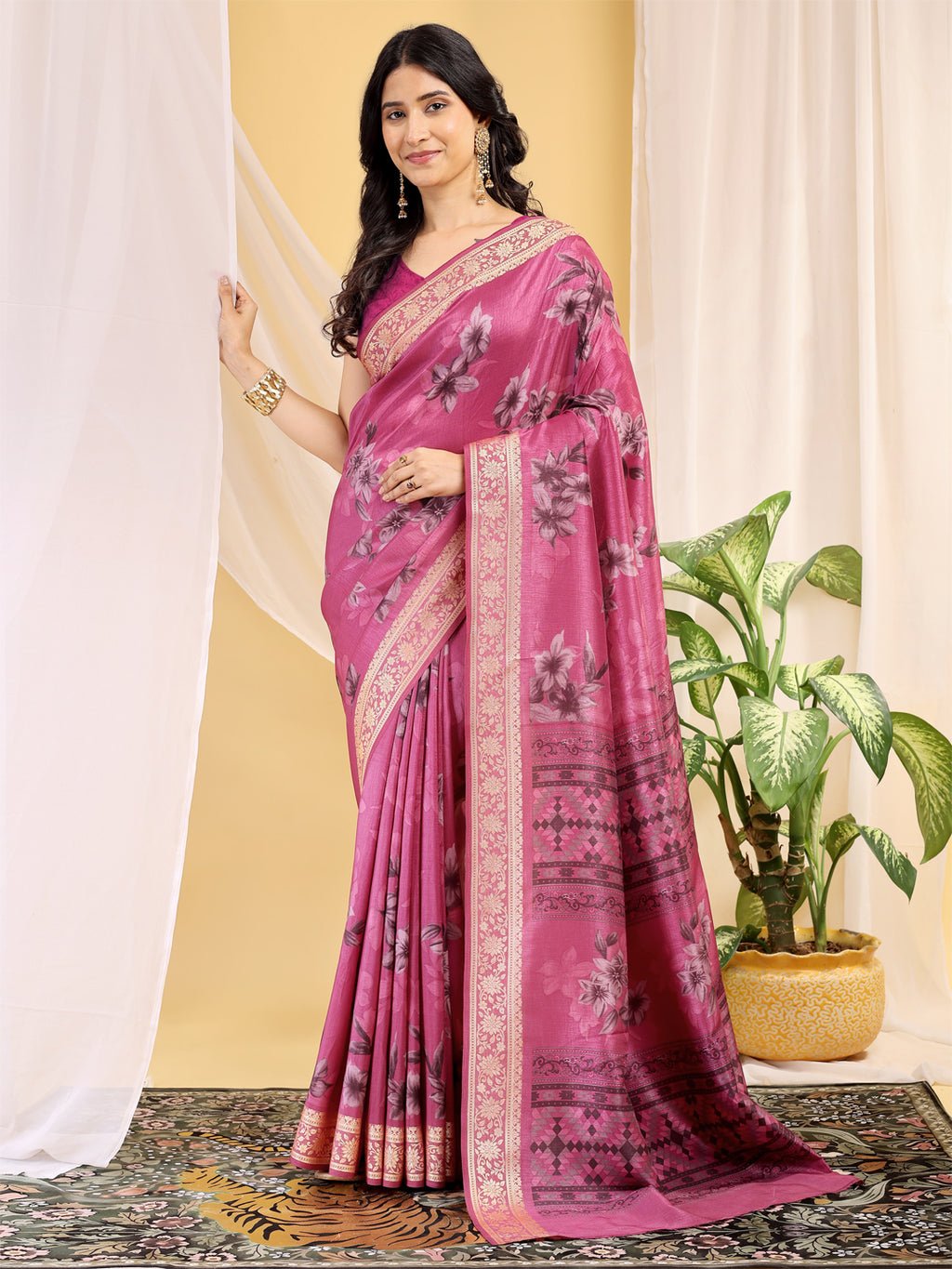 Cotton Blend Floral Rani Pink Saree