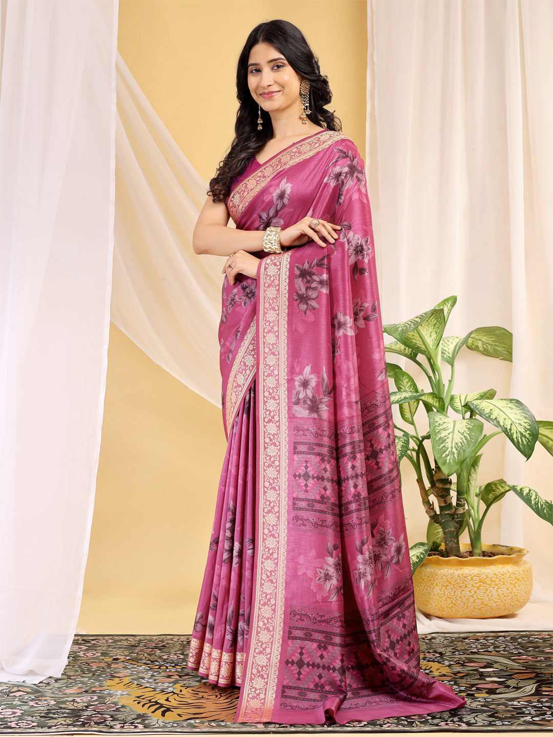 Cotton Blend Floral Rani Pink Saree