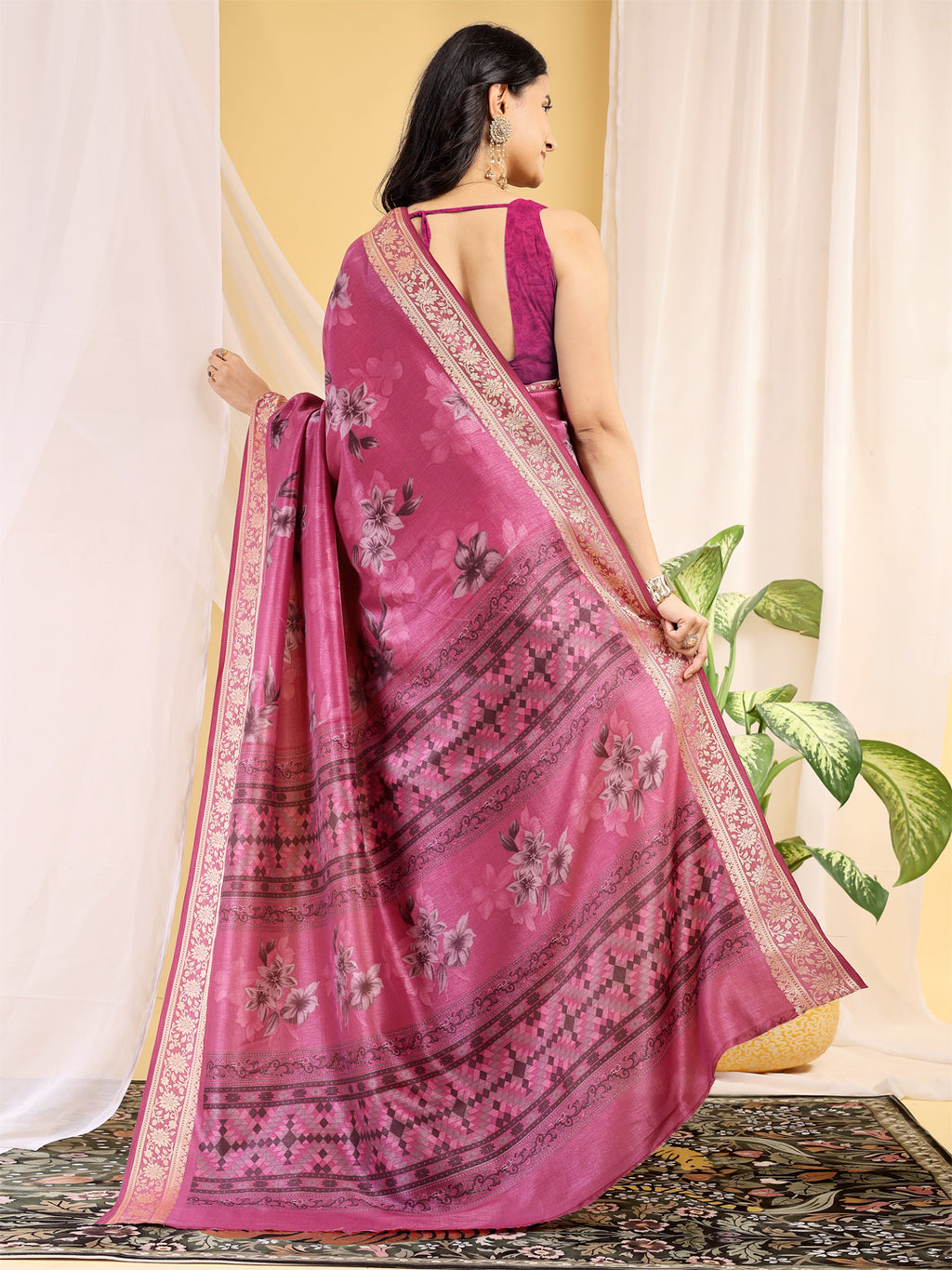 Cotton Blend Floral Rani Pink Saree