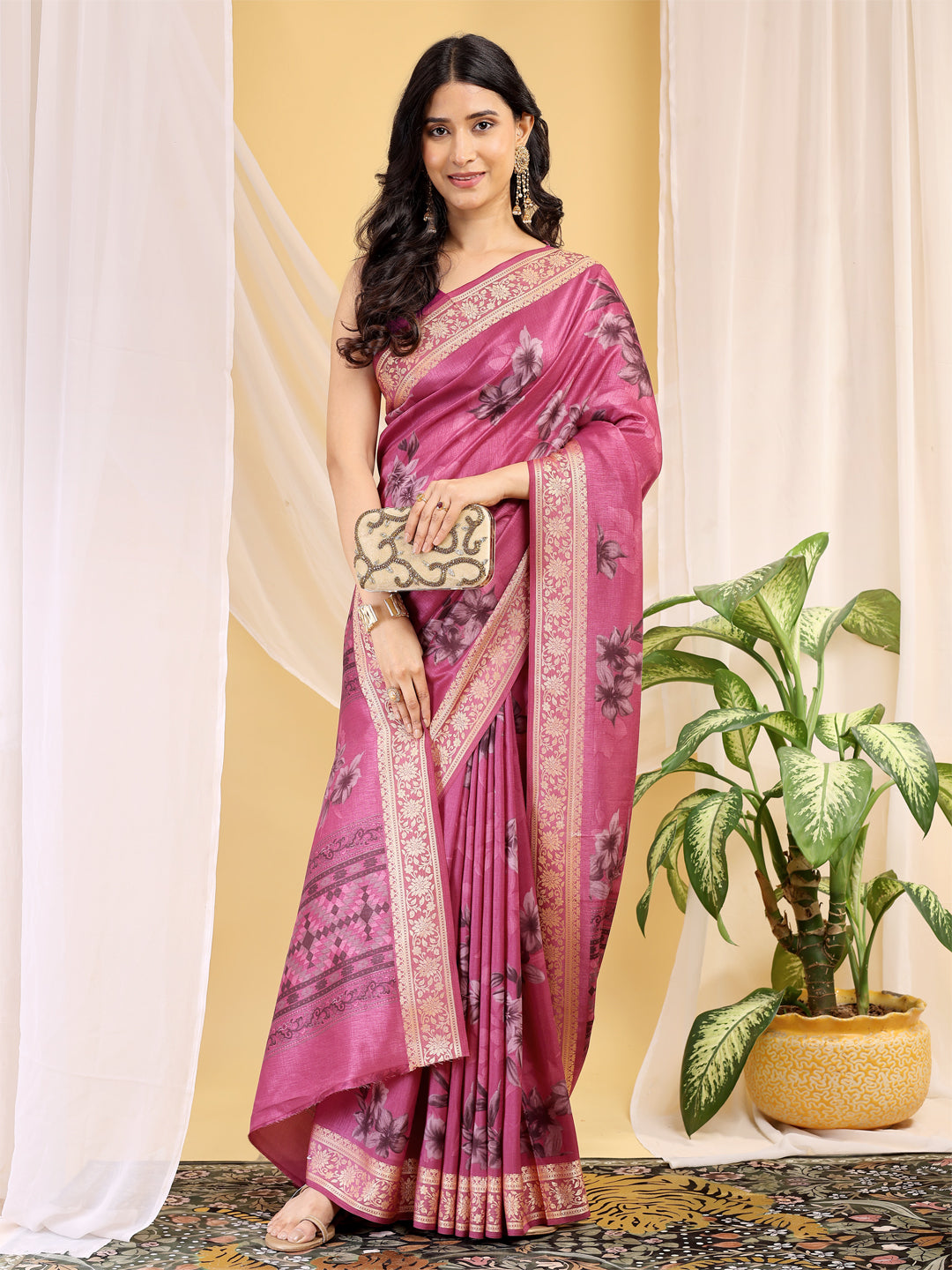 Cotton Blend Floral Rani Pink Saree