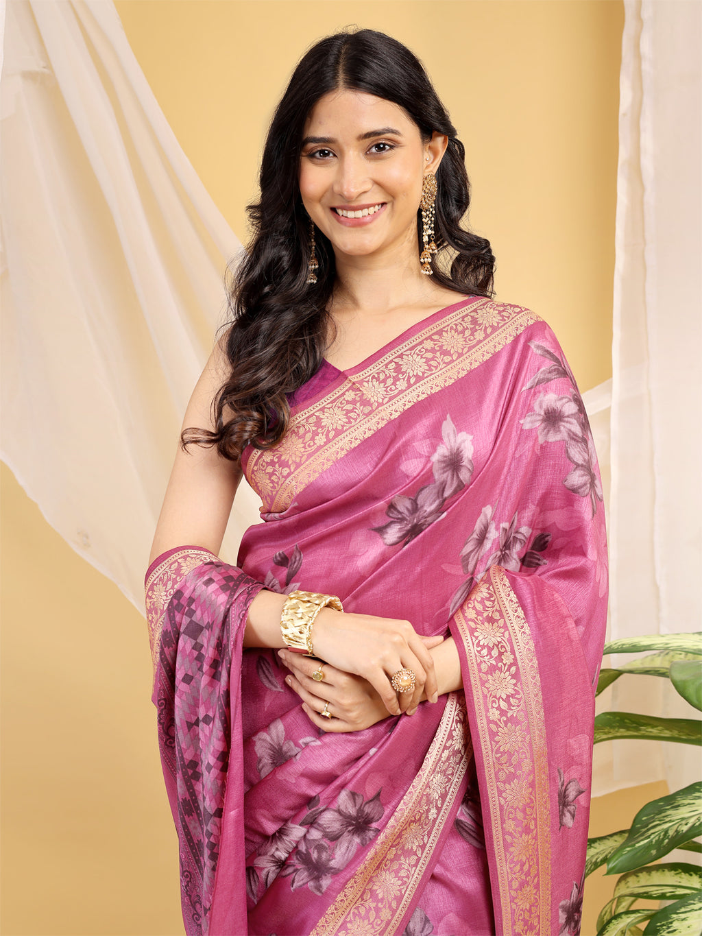 Cotton Blend Floral Rani Pink Saree