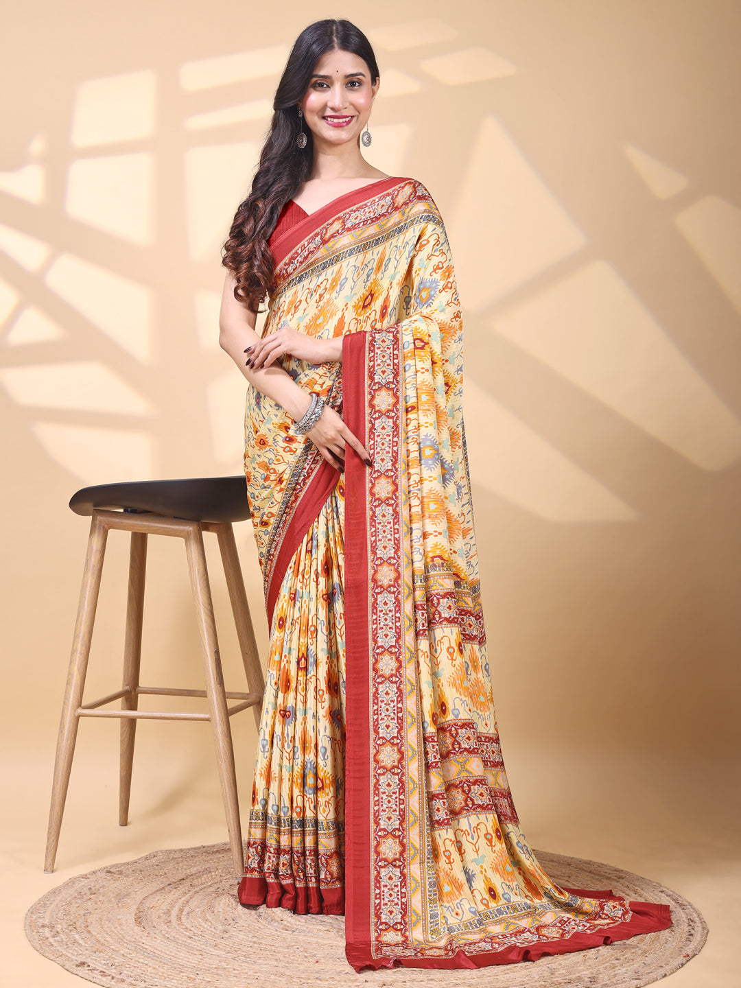 Crepe Ethnic Motif Beige Yellow Saree