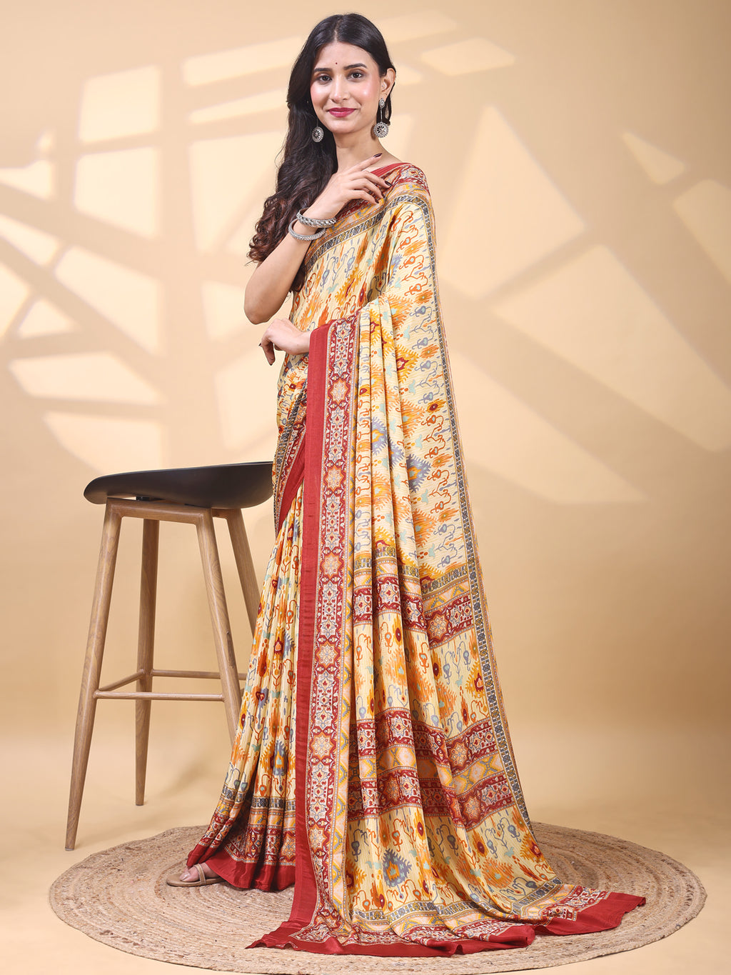 Crepe Ethnic Motif Beige Yellow Saree