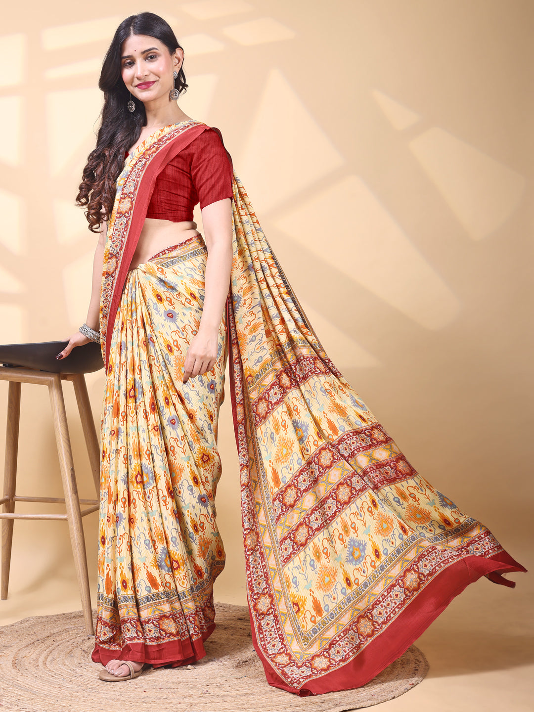 Crepe Ethnic Motif Beige Yellow Saree