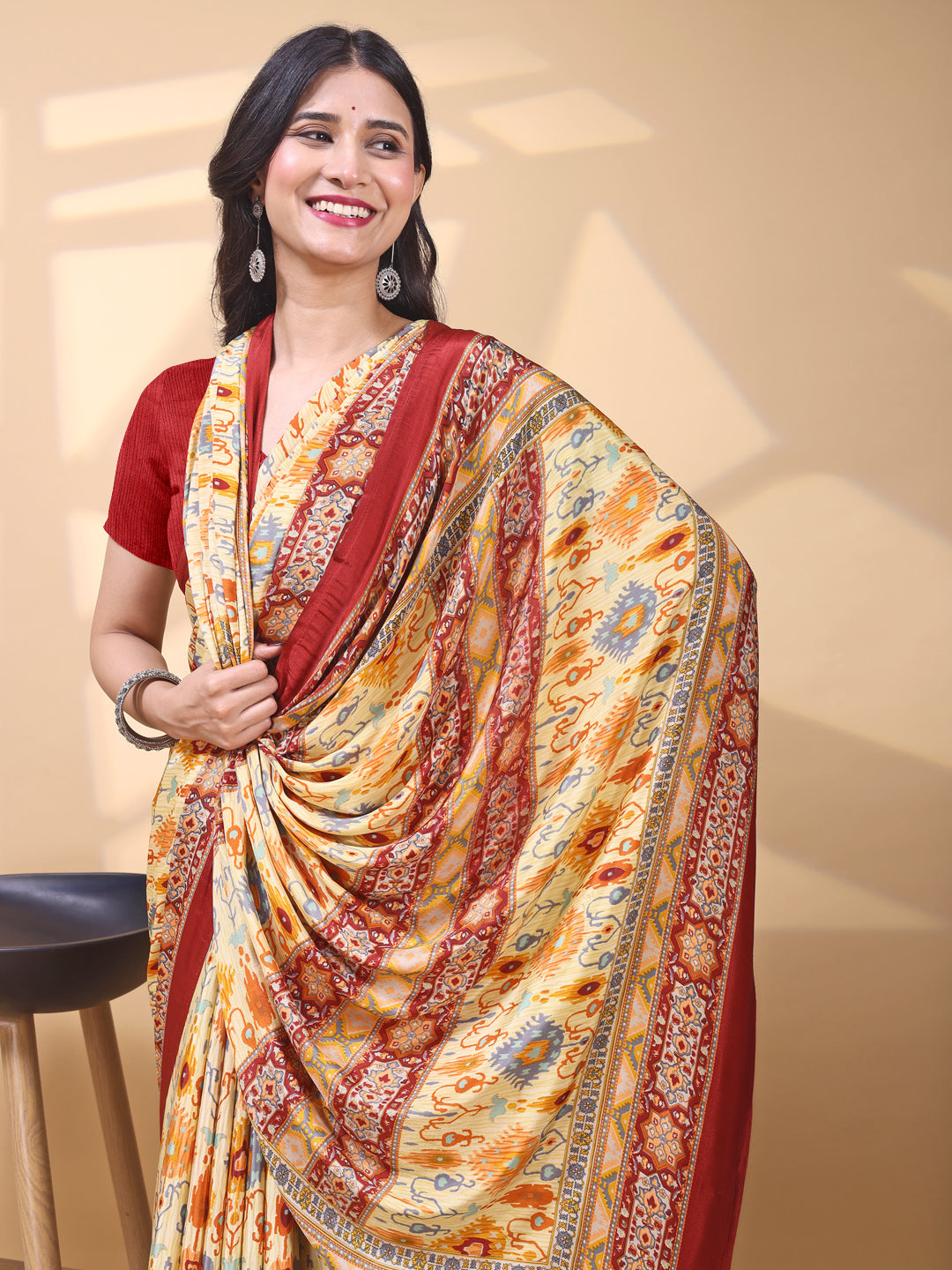 Crepe Ethnic Motif Beige Yellow Saree