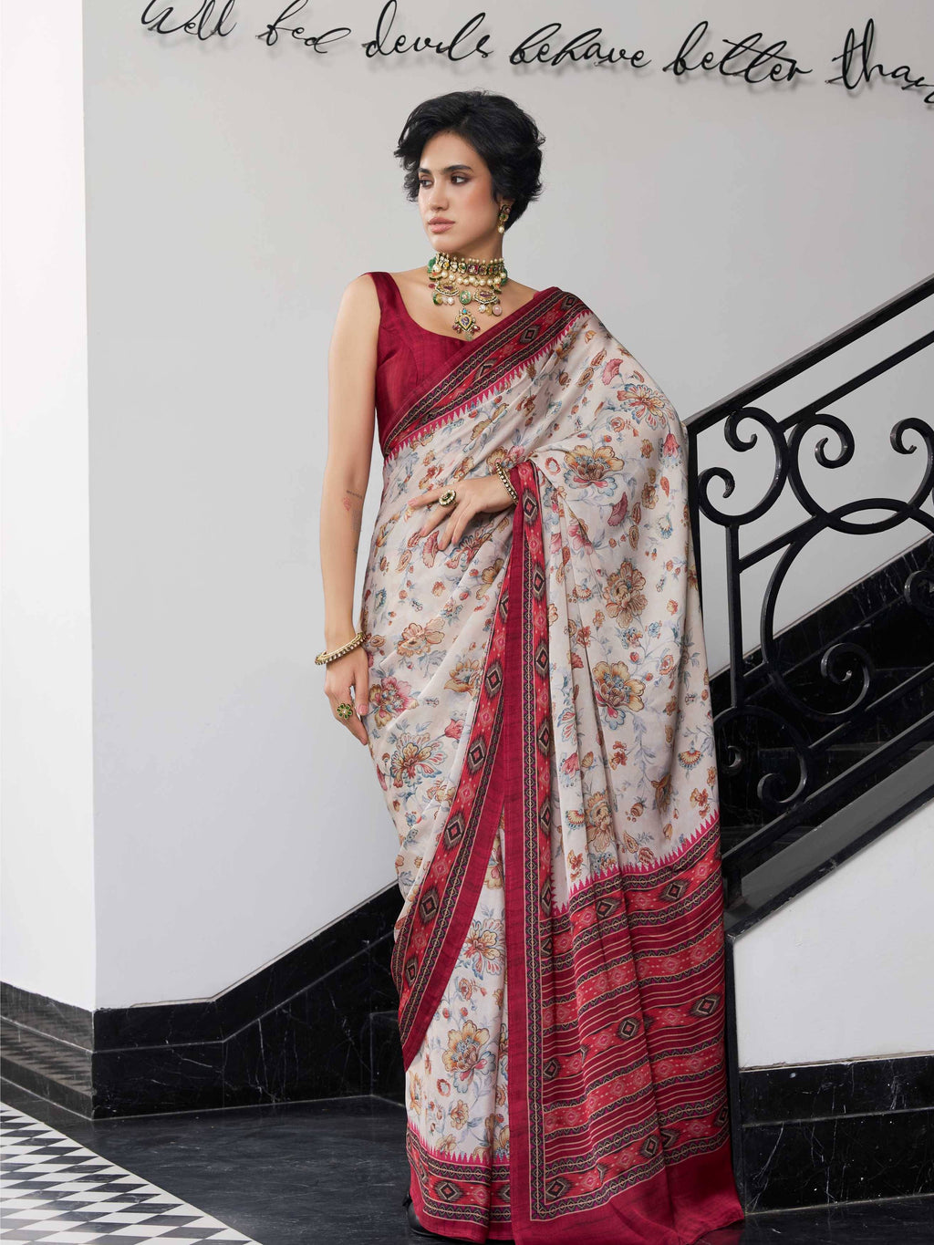 Ivory Red Floral Satin Georgette Saree