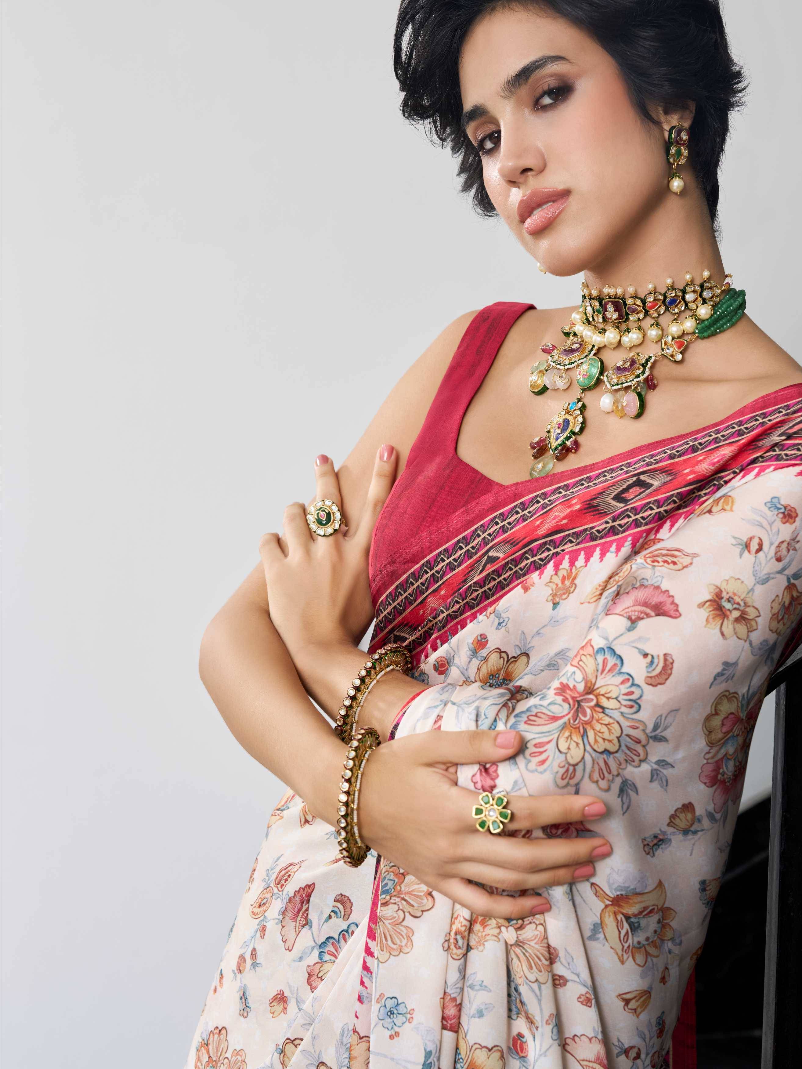 Ivory Red Floral Satin Georgette Saree